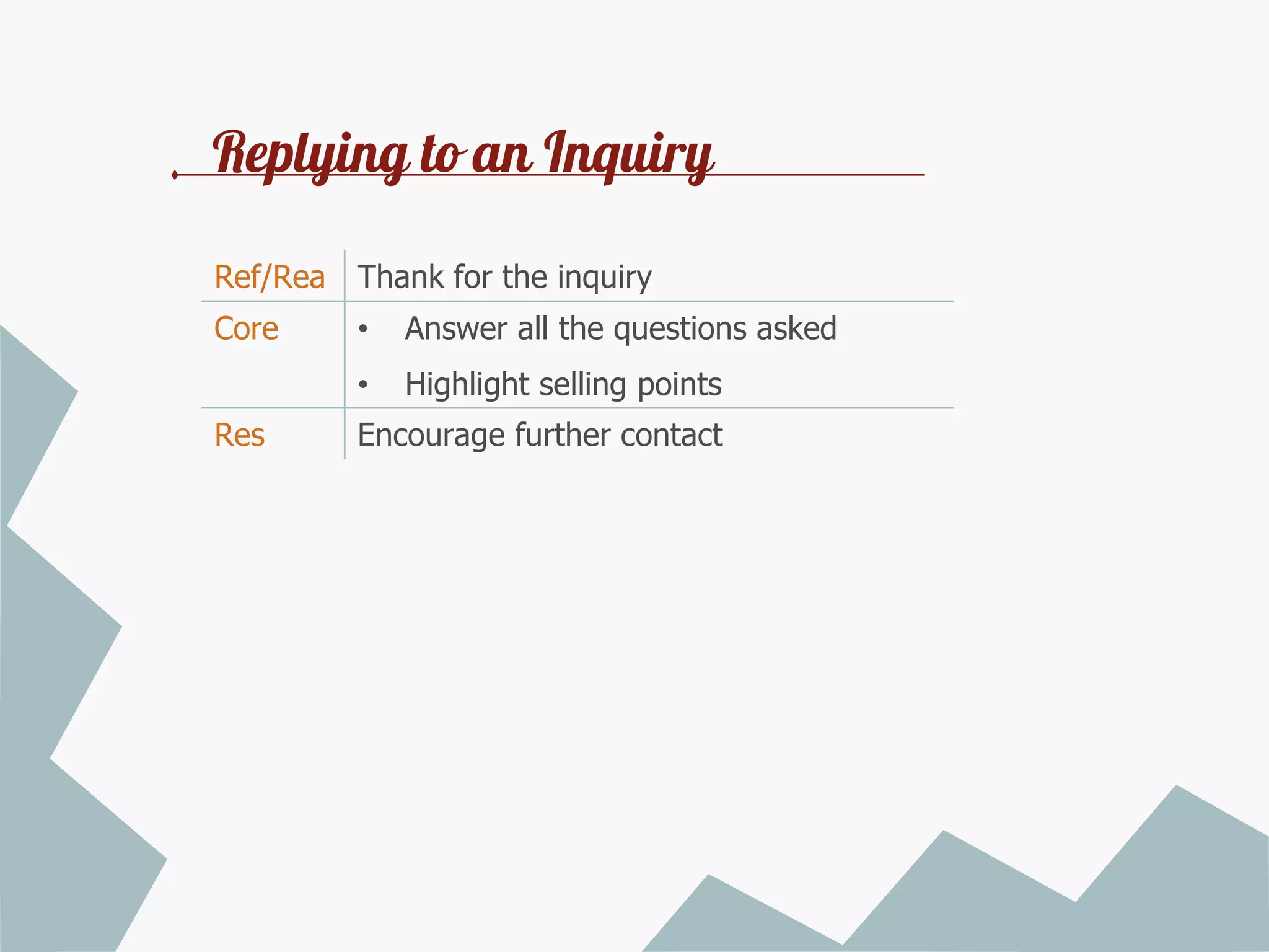 Replying to an Inquiry
Ref/Rea Thank for the inquiry
Core

Answer all the questions asked

•
Res

•

Highlight selling points

Encourage further contact

 