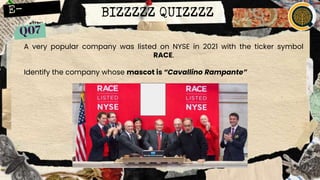 BIZZZZZ QUIZZZZ
A very popular company was listed on NYSE in 2021 with the ticker symbol
RACE.
Identify the company whose mascot is “Cavallino Rampante”
 