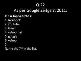 Q.22
       As per Google Zeitgeist 2011:
India Top Searches:
1. facebook
2. youtube
3. Gmail
4. yahoomail
5. google
6. yahoo
7. ________
Name the 7th in the list.
 