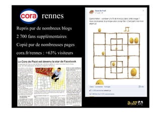 rennes
Repris par de nombreux blogs
2 700 fans supplémentaires
Copié par de nombreuses pages
cora.fr/rennes : +63% visiteurs
 
