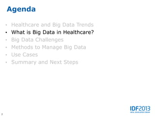 Agenda

    • Healthcare and Big Data Trends
    • What is Big Data in Healthcare?
    • Big Data Challenges
    • Methods to Manage Big Data
    • Use Cases
    • Summary and Next Steps




7
 