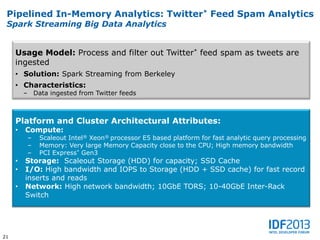 Pipelined In-Memory Analytics: Twitter* Feed Spam Analytics
 Spark Streaming Big Data Analytics


     Usage Model: Process and filter out Twitter* feed spam as tweets are
     ingested
     • Solution: Spark Streaming from Berkeley
     • Characteristics:
         – Data ingested from Twitter feeds



     Platform and Cluster Architectural Attributes:
     •   Compute:
          –   Scaleout Intel® Xeon® processor E5 based platform for fast analytic query processing
          –   Memory: Very large Memory Capacity close to the CPU; High memory bandwidth
          –   PCI Express* Gen3
     •   Storage: Scaleout Storage (HDD) for capacity; SSD Cache
     •   I/O: High bandwidth and IOPS to Storage (HDD + SSD cache) for fast record
         inserts and reads
     •   Network: High network bandwidth; 10GbE TORS; 10-40GbE Inter-Rack
         Switch




21
 
