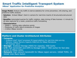 Smart Traffic Intelligent Transport System
     HBase* Application for Predictive Analytics

 Usage Model: Analyze city traffic to derive statistics for crime prevention, info sharing, and
 predictive traffic analysis
 • Solution: Embed HBase* client in camera for real-time inserts of structured/unstructured
   data
 • Benefits: Automated queries for traffic violation, data mining of fake licenses <1 minute for
   all data captured for a week, predictive traffic forecasting
 • Characteristics:
   – 30000 + camera data collection points
   – Petabytes of traffic data & terabytes of images
   – 2 billion HBase records



     Platform and Cluster Architectural Attributes:
     • Compute:
       – Scaleout Intel® Xeon® processor E5 based platform for real-time data serving
       – Memory: Higher Memory Capacity 4GB/Core for HBase Memstores
       – PCI Express* Gen3
     • Storage: Scaleout Storage (HDD) for capacity; SSD Cache
     • I/O: High bandwidth and IOPS to Storage (HDD + SSD cache) for fast data
       access to HBase tables
     • Network: High network bandwidth for HBase region servers; 10GbE TORS; 10-
       40GbE Inter-Rack Switch
25
 