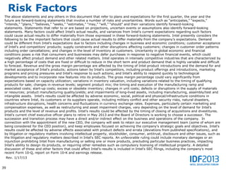 Risk Factors
 The above statements and any others in this document that refer to plans and expectations for the first quarter, the year and the
 future are forward-looking statements that involve a number of risks and uncertainties. Words such as “anticipates,” “expects,”
 “intends,” “plans,” “believes,” “seeks,” “estimates,” “may,” “will,” “should” and their variations identify forward-looking
 statements. Statements that refer to or are based on projections, uncertain events or assumptions also identify forward-looking
 statements. Many factors could affect Intel’s actual results, and variances from Intel’s current expectations regarding such factors
 could cause actual results to differ materially from those expressed in these forward-looking statements. Intel presently considers the
 following to be the important factors that could cause actual results to differ materially from the company’s expectations. Demand
 could be different from Intel's expectations due to factors including changes in business and economic conditions; customer acceptance
 of Intel’s and competitors’ products; supply constraints and other disruptions affecting customers; changes in customer order patterns
 including order cancellations; and changes in the level of inventory at customers. Uncertainty in global economic and financial
 conditions poses a risk that consumers and businesses may defer purchases in response to negative financial events, which could
 negatively affect product demand and other related matters. Intel operates in intensely competitive industries that are characterized by
 a high percentage of costs that are fixed or difficult to reduce in the short term and product demand that is highly variable and difficult
 to forecast. Revenue and the gross margin percentage are affected by the timing of Intel product introductions and the demand for and
 market acceptance of Intel's products; actions taken by Intel's competitors, including product offerings and introductions, marketing
 programs and pricing pressures and Intel’s response to such actions; and Intel’s ability to respond quickly to technological
 developments and to incorporate new features into its products. The gross margin percentage could vary significantly from
 expectations based on capacity utilization; variations in inventory valuation, including variations related to the timing of qualifying
 products for sale; changes in revenue levels; segment product mix; the timing and execution of the manufacturing ramp and
 associated costs; start-up costs; excess or obsolete inventory; changes in unit costs; defects or disruptions in the supply of materials
 or resources; product manufacturing quality/yields; and impairments of long-lived assets, including manufacturing, assembly/test and
 intangible assets. Intel's results could be affected by adverse economic, social, political and physical/infrastructure conditions in
 countries where Intel, its customers or its suppliers operate, including military conflict and other security risks, natural disasters,
 infrastructure disruptions, health concerns and fluctuations in currency exchange rates. Expenses, particularly certain marketing and
 compensation expenses, as well as restructuring and asset impairment charges, vary depending on the level of demand for Intel's
 products and the level of revenue and profits. Intel’s results could be affected by the timing of closing of acquisitions and divestitures.
 Intel’s current chief executive officer plans to retire in May 2013 and the Board of Directors is working to choose a successor. The
 succession and transition process may have a direct and/or indirect effect on the business and operations of the company. In
 connection with the appointment of the new CEO, the company will seek to retain our executive management team (some of whom are
 being considered for the CEO position), and keep employees focused on achieving the company’s strategic goals and objectives. Intel's
 results could be affected by adverse effects associated with product defects and errata (deviations from published specifications), and
 by litigation or regulatory matters involving intellectual property, stockholder, consumer, antitrust, disclosure and other issues, such as
 the litigation and regulatory matters described in Intel's SEC reports. An unfavorable ruling could include monetary damages or an
 injunction prohibiting Intel from manufacturing or selling one or more products, precluding particular business practices, impacting
 Intel’s ability to design its products, or requiring other remedies such as compulsory licensing of intellectual property. A detailed
 discussion of these and other factors that could affect Intel’s results is included in Intel’s SEC filings, including the company’s most
 recent Form 10-Q, report on Form 10-K and earnings release.
     Rev. 1/17/13


39
 