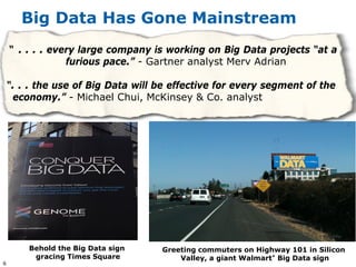 Big Data Has Gone Mainstream
    “ . . . . every large company is working on Big Data projects “at a
                 furious pace.” - Gartner analyst Merv Adrian

    “. . . the use of Big Data will be effective for every segment of the
     economy.” - Michael Chui, McKinsey & Co. analyst




        Behold the Big Data sign    Greeting commuters on Highway 101 in Silicon
         gracing Times Square           Valley, a giant Walmart* Big Data sign
6
 