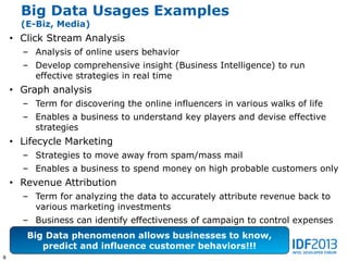 Big Data Usages Examples
      (E-Biz, Media)
    • Click Stream Analysis
      – Analysis of online users behavior
      – Develop comprehensive insight (Business Intelligence) to run
        effective strategies in real time
    • Graph analysis
      – Term for discovering the online influencers in various walks of life
      – Enables a business to understand key players and devise effective
        strategies
    • Lifecycle Marketing
      – Strategies to move away from spam/mass mail
      – Enables a business to spend money on high probable customers only
    • Revenue Attribution
      – Term for analyzing the data to accurately attribute revenue back to
        various marketing investments
      – Business can identify effectiveness of campaign to control expenses
       Big Data phenomenon allows businesses to know,
          predict and influence customer behaviors!!!
8
 