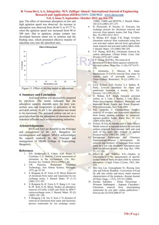 B. Veena Devi, A.A. Jahagirdar, M.N. Zulfiqar Ahmed / International Journal of Engineering
           Research and Applications (IJERA) ISSN: 2248-9622 www.ijera.com
                     Vol. 2, Issue 5, September- October 2012, pp.364-370
rpm. The effect of chromium adsorption on low and                                    1200H, 1500H and IRN97H, J. Hazard. Mater.
high agitation speed was observed. An increase in                                    102 (2/3) (2003) 257–275.
adsorption was observed from 66.66 % to 97.77 %,                               6.    D. Petruzzelli, R. Passino, G. Tiravanti, Ion
when the agitation speed was increased from 90 to                                    exchange process for chromium removal and
                                                                                     recovery from tannery wastes, Ind. Eng. Chem.
200 rpm. Due to agitation, proper contact was                                        Res. 34 (1995) 2612–2617.
developed between metal ion in solution and the                                7.    D. Mohan, K.P. Singh, V.K. Singh, Trivalent
binding sites, which promoted effective transfer of                                  chromium removal from wastewater using low
adsorbate ions onto the adsorbent sites.                                             cost activated carbon derived from agricultural
                                      Effect of Stirring Speed
                                                                                     waste material and activated carbon fabric cloth,
                                                                                     J. Hazard. Mater. 135 (2006) 280–295.
                 120                                                           8.    C.P. Huang, M.H.Wu, Chromium removal by
                                                                                     carbon adsorption, J.Water Pollut. Contr. Fed.
                 100
                                                                                     47 (10) (1975) 2437–2446.
                 80
                                                                               9.    C.P. Huang, M.H.Wu, The removal of
  % Cr removal




                                                                                     chromium(VI) from dilute aqueous solution by
                 60                                                                  activated carbon, Water Res. 11 (8) (1977) 673–
                                                                                     679
                 40
                                                                               10.   C. Selomulya, V. Meeyoo, R. Amal,
                 20
                                                                                     Mechanisms of Cr(VI) removal from water by
                                                                                     various types of activated carbons, J.
                  0                                                                  Chem.Technol. Biotechnol. 74 (2) (1999) 111–
                       0         50          100           150     200   250
                                                                                     122.
                                           Stirring Speed in rpm
                                                                               11.   S.J.T. Pollard, G.D. Fowler, C.J. Sollars, R.
    Figure 11. Effect of stirring speed on adsorption                                Perry, Lowcost adsorbents for waste and
                                                                                     wastewater treatment: a review, Sci. Tot.
                                                                                     Environ. 116 (1992) 31–52.
4. Summary and Conclusions                                                     12.   D. Mohan, K.P. Singh, Granular activated
         Activated carbon was successfully prepared                                  carbon, in: J. Lehr, J. Keeley, J. Lehr (Eds.),
by pyrolysis. The results indicated that the                                         Water Encyclopedia: Domestic, Municipal, and
adsorption capacity depends upon the pore size,                                      Industrial Water Supply and Waste Disposal,
surface area and temperature of activation of the                                    Wiley/Interscience, New York,2005.
activated carbon. At pH 3, the adsorption was found                            13.   N.K. Lazaridis, C. Charalambous, Sorptive
to be maximum. The activated carbon can act as a                                     removal of trivalent and hexavalent chromium
good adsorbent for the adsorption of chromium from                                   from binary aqueous solutions by composite
                                                                                     alginate–goethite beads, Water Res. 39 (18)
industrial effluents such as electroplating industries.
                                                                                     (2005) 4385–4396.
                                                                               14.   S.Gueu, B.Yao, K.Adouby and G.Ado—Heavy
Acknowledgements                                                                     Metals removal in aqueous solution by activated
        BVD and AAJ are thankful to the Principal                                    carbons prepared from coconut shell and seed
and management of Dr. AIT, Bangalore for                                             shell of the palm tree—Journal of applied
encouragement and support. MNZA acknowledges                                         Sciences 6(13); 2789-2793, 2003
the support rendered by the Principal and                                      15.   Karuppanna Periaswamy and Chinnaiya
management of HKBK College of Engineering,                                           Namasivayam--Process         development       for
                                                                                     removal and recovery of cadmium from waste
Bangalore.
                                                                                     water by a low cost adsorbent: Adsorption rates
                                                                                     from equilibrium studies—Ind. Eng. Res. 1994,
References                                                                           33, 317-320
                 1.        D.E. Kimbrough, Y. Cohen, A.M. Winer, L.            16.   Giles.C.H. and Nakhwa S.N.,--Studies in
                           Creelman, C.A. Mabuni, Critical assessment of             Adsorption.XVI-The measurement of specific
                           chromium in the environment, Crit. Rev.                   surface areas of finely divided solids by solution
                           Environ. Sci. Technol. 29 (1) (1999) 1–46.                adsorption—J.Appl. Chem.,12,June, 1962, 266-
                 2.        J.W.     Paterson,    Wastewater      Treatment           273.
                           Technology, Ann Arbour Science, Michigan,           17.   Min Gyu Lee, Gyeougheam Yi, Byoung Joon
                           1975, pp. 43–58.                                          Ahu and Felicity Roddick—Conversion of Coal
                 3.        S. Rengaraj, K.-H. Yeon, S.-H. Moon, Removal              fly adh into zeolite and heavy metal removal
                           of chromium from water and wastewater by ion              characteristics of the products—Korean Journal
                           exchange resins, J. Hazard. Mater. 87 (1–3)               of Chem. Engg.—17(3), 325-331 (2000).
                           (2001) 273–287.                                     18.   Parinda Suksabye , Paitip Thiravetyan ,
                 4.        S. Rengaraj, K.-H. Yeon, S.-Y. Kang, J.-U. Lee,           Woranan Nakbanpote , Supanee Chayabutr--
                           K.-W. Kim, S.-H. Moon, Studies on adsorptive              Chromium removal from electroplating
                           removal of Co(II), Cr(III) and Ni(II) by IRN77            wastewater by coir pith—online publication—
                           cation-exchange resin, J. Hazard. Mater. 92 (2)           Elsevier,doi 10.1010-2006.07.18
                           (2002) 185–198.
                 5.        S. Rengaraj, C.K. Joo, Y. Kim, J. Yi, Kinetics of
                           removal of chromium from water and electronic
                           process wastewater by ion exchange resins:



                                                                                                                      370 | P a g e
 