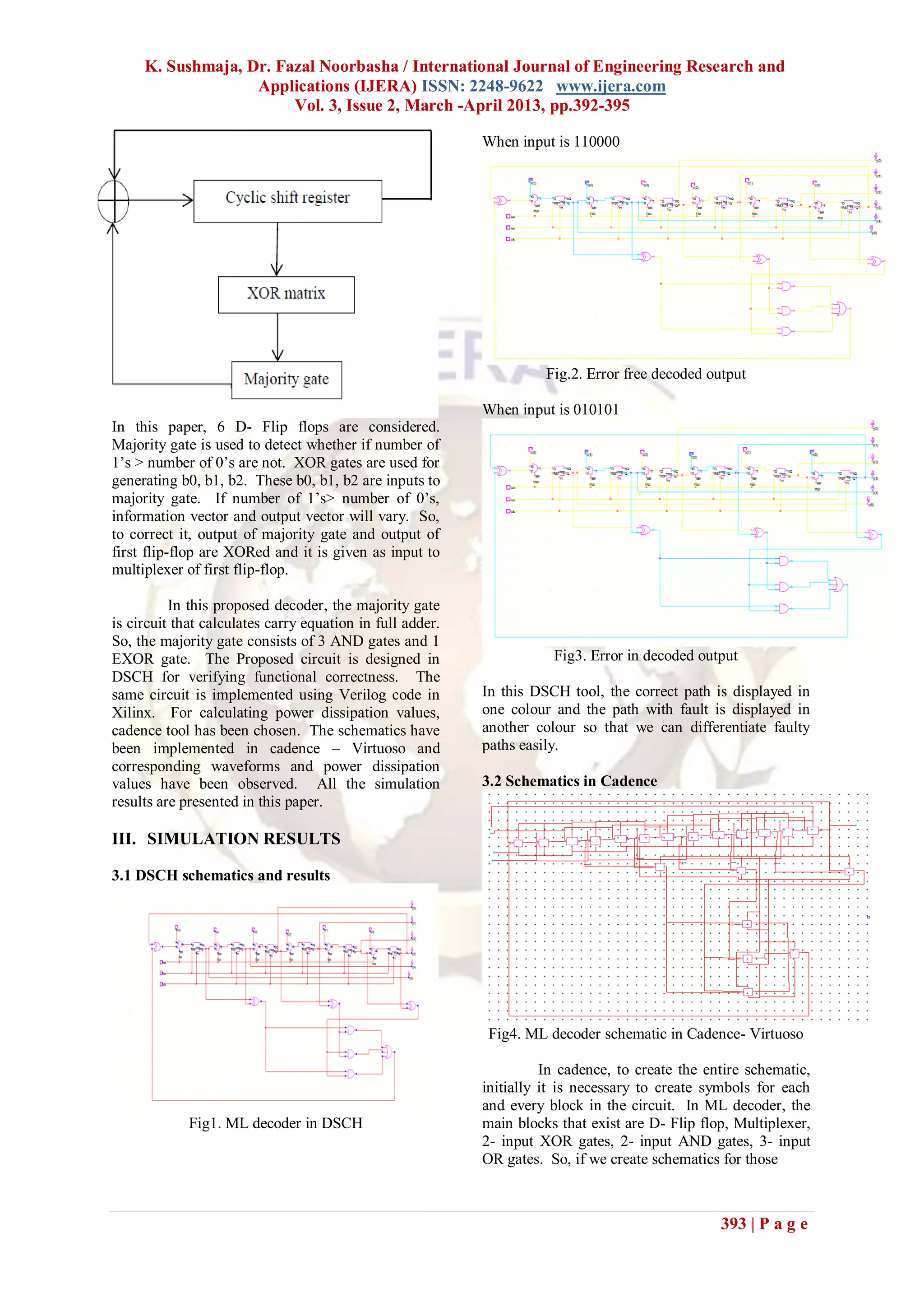 K. Sushmaja, Dr. Fazal Noorbasha / International Journal of Engineering Research and
                   Applications (IJERA) ISSN: 2248-9622 www.ijera.com
                        Vol. 3, Issue 2, March -April 2013, pp.392-395

                                                           When input is 110000




                                                                     Fig.2. Error free decoded output

                                                           When input is 010101
In this paper, 6 D- Flip flops are considered.
Majority gate is used to detect whether if number of
1’s > number of 0’s are not. XOR gates are used for
generating b0, b1, b2. These b0, b1, b2 are inputs to
majority gate. If number of 1’s> number of 0’s,
information vector and output vector will vary. So,
to correct it, output of majority gate and output of
first flip-flop are XORed and it is given as input to
multiplexer of first flip-flop.

          In this proposed decoder, the majority gate
is circuit that calculates carry equation in full adder.
So, the majority gate consists of 3 AND gates and 1
EXOR gate. The Proposed circuit is designed in                        Fig3. Error in decoded output
DSCH for verifying functional correctness. The
same circuit is implemented using Verilog code in          In this DSCH tool, the correct path is displayed in
Xilinx. For calculating power dissipation values,          one colour and the path with fault is displayed in
cadence tool has been chosen. The schematics have          another colour so that we can differentiate faulty
been implemented in cadence – Virtuoso and                 paths easily.
corresponding waveforms and power dissipation
values have been observed. All the simulation              3.2 Schematics in Cadence
results are presented in this paper.

III. SIMULATION RESULTS

3.1 DSCH schematics and results




                                                            Fig4. ML decoder schematic in Cadence- Virtuoso

                                                                     In cadence, to create the entire schematic,
                                                           initially it is necessary to create symbols for each
                                                           and every block in the circuit. In ML decoder, the
             Fig1. ML decoder in DSCH                      main blocks that exist are D- Flip flop, Multiplexer,
                                                           2- input XOR gates, 2- input AND gates, 3- input
                                                           OR gates. So, if we create schematics for those



                                                                                                 393 | P a g e
 