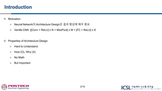  Motivation
 Neural Network의 Architecture Design은 결과 향상에 매우 중요
 Vanilla CNN: [[Conv + ReLU] x N + MaxPool] x M + [FC + ReLU] x K
 Properties of Architecture Design
 Hard to Understand
 How (O), Why (X)
 No Math
 But Important
2/15
 