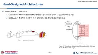  SENet (Hu et al., TPAMI 2019)
 Channel-wise Attention: Feature Map에서 중요한 Channel, 중요하지 않은 Channel을 조절
 SE Module이 추가적인 연산량이 적은 것에 비해, 성능 향상에 효과적임이 보고
* SENet: Squeeze-and-Excitation Networks
9/15
 