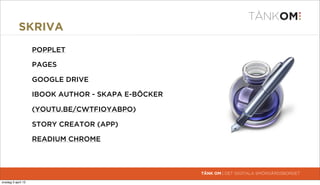 SKRIVA
                     POPPLET

                     PAGES

                     GOOGLE DRIVE

                     IBOOK AUTHOR - SKAPA E-BÖCKER

                     (YOUTU.BE/CWTFIOYABPO)

                     BOOK CREATOR (APP)

                     READIUM CHROME



                                                     TÄNK OM | DET DIGITALA SMÖRGÅRDSBORDET

torsdag 4 april 13
 
