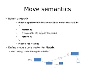 Move semantics
• Return a Matrix
–

Matrix operator+(const Matrix& a, const Matrix& b)

–

{

–

Matrix r;

–

// copy a[i]+b[i] into r[i] for each i

–

return r;

–

}

–

Matrix res = a+b;

• Define move a constructor for Matrix
– don’t copy; “steal the representation”

r:
res:
……
..

 