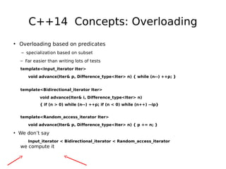 C++14 Concepts: Overloading
• Overloading based on predicates
– specialization based on subset
– Far easier than writing lots of tests
template<Input_iterator Iter>
void advance(Iter& p, Difference_type<Iter> n) { while (n--) ++p; }
template<Bidirectional_iterator Iter>
void advance(Iter& i, Difference_type<Iter> n)
{ if (n > 0) while (n--) ++p; if (n < 0) while (n++) --ip}
template<Random_access_iterator Iter>
void advance(Iter& p, Difference_type<Iter> n) { p += n; }

• We don’t say
Input_iterator < Bidirectional_iterator < Random_access_iterator

we compute it

 