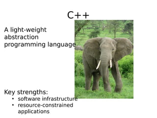C++
A light-weight
abstraction
programming language

Key strengths:
• software infrastructure
• resource-constrained
applications

 