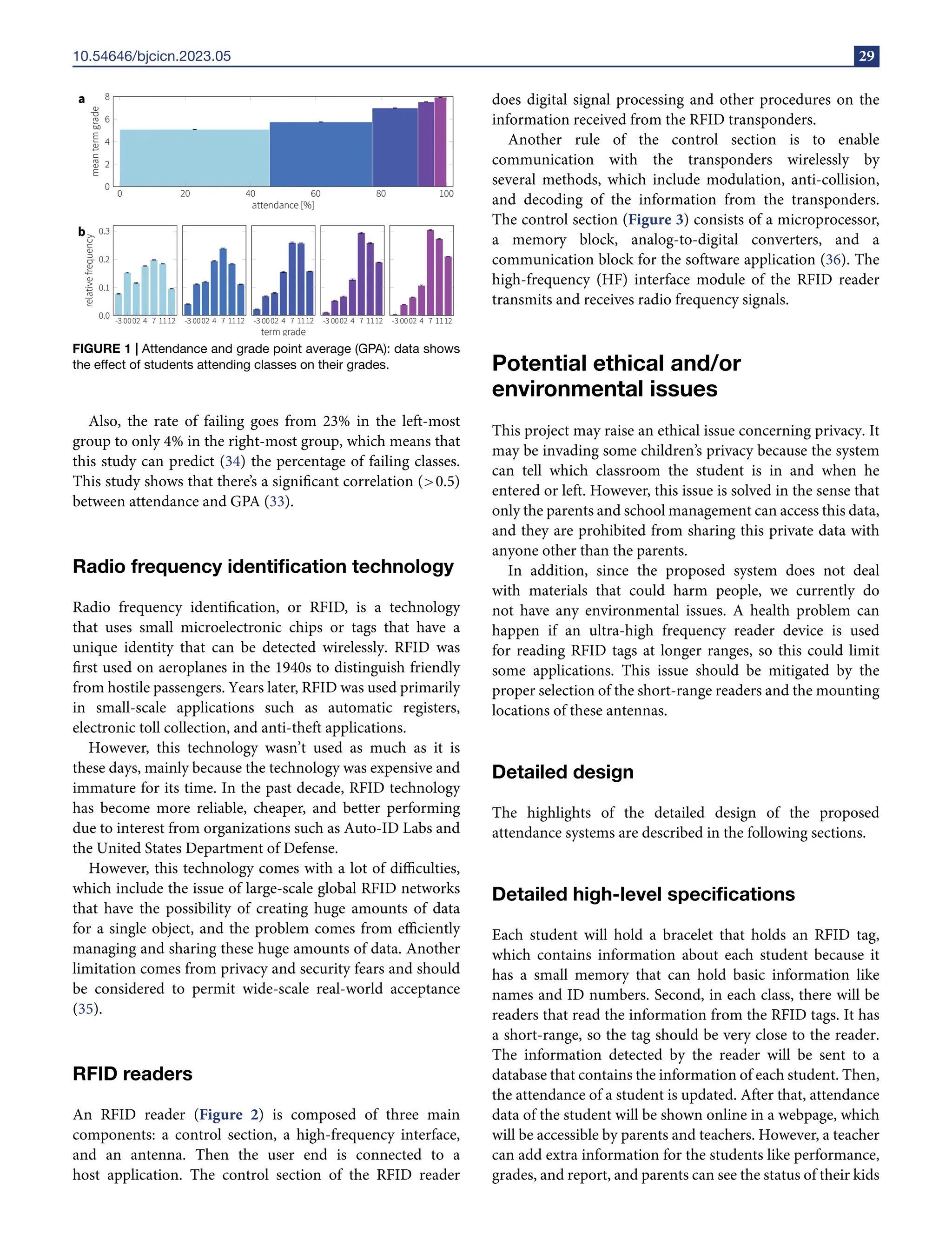 10.54646/bjcicn.2023.05 29
FIGURE 1 | Attendance and grade point average (GPA): data shows
the effect of students attending classes on their grades.
Also, the rate of failing goes from 23% in the left-most
group to only 4% in the right-most group, which means that
this study can predict (34) the percentage of failing classes.
This study shows that there’s a significant correlation (>0.5)
between attendance and GPA (33).
Radio frequency identification technology
Radio frequency identification, or RFID, is a technology
that uses small microelectronic chips or tags that have a
unique identity that can be detected wirelessly. RFID was
first used on aeroplanes in the 1940s to distinguish friendly
from hostile passengers. Years later, RFID was used primarily
in small-scale applications such as automatic registers,
electronic toll collection, and anti-theft applications.
However, this technology wasn’t used as much as it is
these days, mainly because the technology was expensive and
immature for its time. In the past decade, RFID technology
has become more reliable, cheaper, and better performing
due to interest from organizations such as Auto-ID Labs and
the United States Department of Defense.
However, this technology comes with a lot of difficulties,
which include the issue of large-scale global RFID networks
that have the possibility of creating huge amounts of data
for a single object, and the problem comes from efficiently
managing and sharing these huge amounts of data. Another
limitation comes from privacy and security fears and should
be considered to permit wide-scale real-world acceptance
(35).
RFID readers
An RFID reader (Figure 2) is composed of three main
components: a control section, a high-frequency interface,
and an antenna. Then the user end is connected to a
host application. The control section of the RFID reader
does digital signal processing and other procedures on the
information received from the RFID transponders.
Another rule of the control section is to enable
communication with the transponders wirelessly by
several methods, which include modulation, anti-collision,
and decoding of the information from the transponders.
The control section (Figure 3) consists of a microprocessor,
a memory block, analog-to-digital converters, and a
communication block for the software application (36). The
high-frequency (HF) interface module of the RFID reader
transmits and receives radio frequency signals.
Potential ethical and/or
environmental issues
This project may raise an ethical issue concerning privacy. It
may be invading some children’s privacy because the system
can tell which classroom the student is in and when he
entered or left. However, this issue is solved in the sense that
only the parents and school management can access this data,
and they are prohibited from sharing this private data with
anyone other than the parents.
In addition, since the proposed system does not deal
with materials that could harm people, we currently do
not have any environmental issues. A health problem can
happen if an ultra-high frequency reader device is used
for reading RFID tags at longer ranges, so this could limit
some applications. This issue should be mitigated by the
proper selection of the short-range readers and the mounting
locations of these antennas.
Detailed design
The highlights of the detailed design of the proposed
attendance systems are described in the following sections.
Detailed high-level specifications
Each student will hold a bracelet that holds an RFID tag,
which contains information about each student because it
has a small memory that can hold basic information like
names and ID numbers. Second, in each class, there will be
readers that read the information from the RFID tags. It has
a short-range, so the tag should be very close to the reader.
The information detected by the reader will be sent to a
database that contains the information of each student. Then,
the attendance of a student is updated. After that, attendance
data of the student will be shown online in a webpage, which
will be accessible by parents and teachers. However, a teacher
can add extra information for the students like performance,
grades, and report, and parents can see the status of their kids
 