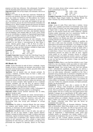 11 
propiciar um final mais refrescante. Alta carbonatação. Exemplares com alta densidade podem apresentar um ligeiro calor do álcool. 
Impressão Geral: Uma cerveja simples, bem atenuada e fácil de ser bebida no verão. 
História: É a versão ale do estilo lager americano. Produzida por cervejeiros que produzem Ales para competir com os produtores de lagers dos estados do Nordeste e do Meio-atlântico dos Estados Unidos. Originalmente conhecida como sparkling ou present use ales, eram utilizadas (e às vezes ainda são) linhagens de lager por alguns cervejeiros, mas que não eram historicamente misturadas com linhagens de ale. Muitos exemplos passam pelo processo de kräusen para carbonatação. A maturação a frio não é tradicional, mas alguns cervejeiros modernos costumam fazê-la. 
Comentários: Cream Ales americanas clássicas (que existiam antes da lei seca) eram ligeiramente mais fortes, mais lupuladas (algumas com dry-hopping) e mais amargas (IBUs de 25-30+). Essas versões devem ser consideradas na categoria de Especialidade/Experimental. A maioria dos exemplos comerciais está na faixa de OG de 1,050- 1,053 e seu amargor raramente fica acima de 20 IBUs. 
Ingredientes: Ingredientes americanos são mais utilizados. Uma lista de grãos com malte de seis fileiras ou uma combinação das variedades de seis fileiras e norte-americana de duas fileiras é comum. Adjuntos podem chegar a 20% de flocos de milho na mosturação e até 20% de glicose ou outros açúcares na fervura. É preferível que a água seja mole. Qualquer variedade de lúpulo pode ser utilizada para amargor ou finalização. 
Estatísticas: OG: 1,042 – 1,055 
IBUs: 15 – 20 FG: 1,006 – 1,012 
SRM: 2,5 – 5 ABV: 4,2– 5,6% 
Exemplos Comerciais: Genesee Cream Ale, Little Kings Cream Ale (Hudepohl), Anderson Valley Summer Solstice Cerveza Crema, Sleeman Cream Ale, New Glarus Spotted Cow, Wisconsin Brewing Whitetail Cream Ale 
6B. Blonde Ale 
Aroma: Aroma adocicado de malte de baixo a moderado. Aromas frutados de baixos a moderados são opcionais, mas aceitáveis. Pode apresentar aroma de lúpulo de baixo a médio, que pode refletir quase qualquer variedade. Sem diacetil. 
Aparência: Cor de amarelo claro até dourado profundo. De cristalina a brilhante. Colarinho branco de baixo a médio, com persistência de fraca a boa. 
Sabor: Leve dulçor de malte inicial, com uma leve característica de malte (como pão, torrada, biscoito e trigo). Sabores de caramelo são tipicamente ausentes. Ésteres de baixos a médios são opcionais, mas comuns em muitos exemplos. Sabor lupulado de leve a moderado (qualquer variedade), mas que não deve ser agressivo demais. Amargor de baixo a médio, mas com equilíbrio tendendo ao malte. Finaliza médio-seco com algum dulçor. Sem diacetil. 
Sensação na Boca: Corpo de leve-médio a médio. Carbonatação de média a alta. Suave, sem amargor agressivo ou adstringência. 
Impressão Geral: Cerveja artesanal americana fácil de beber, agradável, focada no malte. 
História: Atualmente é produzida por muitas microcervejarias e brewpubs americanos. Há variações regionais (muitos brewpubs da Costa Oeste produzem versões mais assertivas, como pale ales), porém na maioria dos territórios americanos essa cerveja é desenvolvida como uma cerveja para introdução às cervejas artesanais. 
Comentários: Em adição às American Blonde Ales mais comuns, essa categoria pode também incluir as Summer Ales inglesas modernas, as americanas de estilo semelhante às Kölsch e as Pale Ales americanas e inglesas menos assertivas. 
Ingredientes: Geralmente todos os tipos de malte, mas pode ser incluído até 25% de trigo maltado e alguns açúcares adjuntos. Qualquer variedade de lúpulo pode ser usada. Leveduras americanas tradicionais, inglesas levemente frutadas e Kölsch. Podem ser feitas com levedura lager ou maturadas a frio. Algumas versões recebem adições de mel, especiarias e/ou frutas, contudo se algum destes ingredientes for mais forte que o sabor de fundo, a cerveja deve ser posicionada nas categorias de Specialty, Spiced ou Fruit Beers. Versões de extrato devem utilizar somente aqueles mais claros e evitar a caramelização na fervura. 
Estatísticas: OG: 1,038 – 1,054 
IBUs: 15 – 28 FG: 1,008 – 1,013 
SRM: 3 – 6 ABV: 3,8 – 5,5% 
Exemplos Comerciais: Pelican Kiwanda Cream Ale, Russian River Aud Blonde, Rogue Oregon Golden Ale, Widmer Blonde Ale, Fuller’s Summer Ale, Hollywood Blonde, Redhook Blonde 
6C. Kölsch 
Aroma: Aroma de malte Pilsen muito baixo a nenhum. Aroma frutado sutil e agradável proveniente da fermentação (como maçã, cereja ou pera) é aceitável, mas nem sempre presente. Aroma baixo de lúpulo nobre é opcional, mas não é inadequado (está presente apenas em uma pequena minoria das versões autênticas). Algumas leveduras podem acrescentar uma leve característica vinífera ou sulfurosa (esta é também opcional, mas não um defeito). 
Aparência: Cor de dourado muito pálido até dourado claro. As versões autênticas são filtradas para obter uma limpidez brilhante. Colarinho delicado que pode não ser persistente. 
Sabor: Paladar suave e arredondado, composto do equilíbrio de sabor entre o malte suave bem atenuado, um dulçor frutado quase imperceptível proveniente da fermentação e um amargor de médio- baixo a baixo, com uma secura delicada e um leve amargor no final (mas sem agressividade no retrogosto). O sabor de lúpulo nobre é variável e pode ser de baixo até moderadamente alto (a maioria vai de médio-baixo a baixo). Um ou dois exemplos (a Dom é a mais proeminente) possuem um dulçor de malte de início. Algumas versões podem ter um caráter levemente mineral ou sulforoso proveniente da água ou levedura que acentua a secura e o equilíbrio de sabor. Algumas versões podem ter um leve sabor de trigo, apesar de que isso seja bem raro. Do contrário é limpa, sem diacetil ou álcoois superiores. Sensação na Boca: Macia e com final bem definido (crisp). Corpo médio-leve, mas com algumas versões que podem ter corpo médio. Carbonatação de média a médio-alta. Geralmente é bem atenuada. 
Impressão Geral: Uma cerveja limpa, com final bem definido (crisp) e delicadamente equilibrada, normalmente com sabores e aromas de frutas bem sutis. Maltosidade subjugada do inicio ao fim leva a um sabor picante, refrescante e agradável no fim. Para o degustador pouco treinado pode ser facilmente confundida com uma lager leve, uma Pilsner um tanto sutil ou talvez uma Blonde Ale. 
História: O termo Kölsch é protegido pela Kölsch Konvention e está restrito a aproximadamente 20 cervejarias dentro e nos arredores de Colônia (Köln), na Alemanha. A Konvention define apenas a cerveja como uma “Vollbier leve, altamente atenuada, com lúpulo acentuado, límpida e de alta fermentação”. 
Comentários: Servida em copos altos e estreitos de 200 ml chamados de “Stange”. Cada cervejaria de Colônia produz uma cerveja com caráter diferente, interpretando a Konvention de forma diversa. Deve-se permitir uma gama de variações dentro do estilo quando julgado. Note que as versões mais secas podem parecer mais lupuladas e amargas que as especificações de IBU podem sugerir. Em decorrência de seu perfil de sabor delicado, a Kölsch tende a ter uma validade relativamente pequena (exemplares mais velhos podem apresentar defeitos por oxidação). Algumas cervejarias de Colônia (Dom e Hellers, por exemplo) estão produzindo cervejas jovens e não filtradas, conhecidas como Wiess (que não devem ser enquadradas nesta categoria). 
Ingredientes: Lúpulos nobres da Alemanha (Hallertau, Tettnang, Spalt ou Hersbrucker). Malte Pilsen alemão ou pale. Leveduras ale com alta atenuação e floculação. Até 20% de trigo pode ser usado, mas isso é bastante raro nas versões autênticas. A água pode variar de extremamente mole a moderadamente dura. A mosturação com rampa de temperaturas é tradicionalmente usada, porém bons resultados podem ser alcançados com infusão simples a 65ºC. Fermentadas em temperaturas frias de ale (15-18ºC) e maturada por, pelo menos, um mês. Contudo, algumas cervejarias de Colônia fermentam a 21ºC e maturam por não mais de duas semanas.  