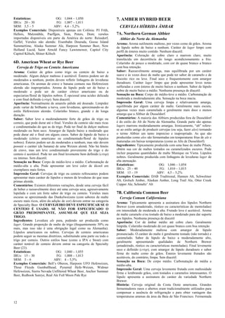 12 
Estatísticas: OG: 1,044 – 1,050 
IBUs: 20 – 30 FG: 1,007 – 1,011 
SRM: 3,5 – 5 ABV: 4,4 – 5,2% 
Exemplos Comerciais: Disponíveis apenas em Colônia: PJ Früh, Hellers, Malzmühle, Paeffgen, Sion, Peters, Dom; versões importadas disponíveis em parte da América do norte: Reissdorf, Gaffel; Versões não alemãs: Eisenbahn Dourada, Goose Island Summertime, Alaska Summer Ale, Harpoon Summer Beer, New Holland Lucid, Saint Arnold Fancy Lawnmower, Capitol City Capitol Kölsch, Shiner Kölsch 
6D. American Wheat or Rye Beer 
Cerveja de Trigo ou Centeio Americana 
Aroma: Caráter de grãos como trigo ou centeio de baixo a moderado. Algum dulçor maltoso é aceitável. Ésteres podem ser de moderados a nenhum, porém devem refletir linhagens de leveduras americanas. Os aromas de cravo e banana comuns nas Hefeweizen alemãs são inapropriados. Aroma de lúpulo pode ser de baixo a moderado e pode ser de caráter cítrico americano ou de especiarias/floral de lúpulos nobres. É opcional uma acidez delicada e com final definido (crisp). Sem diacetil. 
Aparência: Normalmente de amarelo pálido até dourado. Limpidez pode variar de brilhante a turva, com leveduras, aproximando-se do estilo Hefeweizen alemão. Colarinho branco, grande e de longa duração. 
Sabor: Sabor leve a moderadamente forte de grãos de trigo ou centeio, que pode durar até o final. Versões de centeio são mais ricas e condimentadas do que as de trigo. Pode ter final de dulçor maltoso moderado ou bem seco. Amargor de lúpulo baixo a moderado que pode durar até o final em alguns casos. Sabor de lúpulo de baixo a moderado (cítrico americano ou condimentado/floral de lúpulos nobres). Ésteres podem ser de moderados a nenhum, mas não devem possuir o caráter (de banana) de uma Weizen alemã. Não há fenóis de cravo, mas um leve condimentado proveniente do trigo e do centeio é aceitável. Pode ter um final levemente bem definido (crisp) ou intenso. Sem diacetil. 
Sensação na Boca: Corpo de médio-leve a médio. Carbonatação de médio-alta a alta. Pode apresentar um leve calor de álcool em exemplares mais fortes. 
Impressão Geral: Cervejas de trigo ou centeio refrescantes podem apresentar mais caráter de lúpulos e menos de leveduras do que suas primas alemãs. 
Comentários: Existem diferentes variações, desde uma cerveja fácil de beber e razoavelmente doce até uma cerveja seca, agressivamente lupulada e com um forte sabor de trigo ou centeio. Versões mais escuras se aproximando das Dunkelweizens (com sabores de malte escuro mais ricos, além da adição de cor) devem entrar na categoria de Specialty Beer. O CERVEJEIRO DEVE ESPECIFICAR SE O CENTEIO É USADO. SE NÃO FOR ESPECIFICADO O GRÃO PREDOMINANTE, ASSUME-SE QUE ELE SEJA TRIGO. 
Ingredientes: Levedura ale pura, podendo ser produzida como lager. Grande proporção de malte de trigo (frequentemente 50% ou mais, mas isso não é uma obrigação legal como na Alemanha). Lúpulos americanos ou nobres. Cervejas de centeio americanas podem seguir as mesmas diretrizes, substituindo uma parte ou todo o trigo por centeio. Outros estilos base (como a IPA e Stout) com caráter notável de centeio devem entrar na categoria de Specialty Beer (23). 
Estatísticas: OG: 1,040 – 1,055 
IBUs: 15 – 30 FG: 1,008 – 1,013 
SRM: 3 – 6 ABV: 4 – 5,5% 
Exemplos Comerciais: Bell’s Oberon, Harpoon UFO Hefeweizen, Three Floyds Gumballhead, Pyramid Hefe-Weizen, Widmer Hefeweizen, Sierra Nevada Unfiltered Wheat Beer, Anchor Summer Beer, Redhook Sunrye, Real Ale Full Moon Pale Rye 
7. AMBER HYBRID BEER 
CERVEJA HÍBRIDA ÂMBAR 
7A. Northern German Altbier 
Altbier do Norte da Alemanha 
Aroma: Aroma sutilmente maltoso, por vezes como de grãos. Aroma de lúpulo nobre de baixo a nenhum. Caráter de lager limpo com perfil de ésteres muito contido. Nenhum diacetil. 
Aparência: Coloração de cobre claro a marrom claro; muito translúcida em decorrência do longo acondicionamento a frio. Colarinho de pouco a moderado, com cor de quase branco a branco com boa retenção. 
Sabor: Razoavelmente amarga, mas equilibrada por um caráter suave e às vezes doce de malte que pode ter sabor de caramelo e de biscoito rico ou leve. Final seco e frequentemente com amargor duradouro. Caráter lager limpo que pode apresentar leves notas sulfuradas e com ésteres de muito baixos a nenhum. Sabor de lúpulo nobre de muito baixo a médio. Nenhuma presença de diacetil. 
Sensação na Boca: Corpo de médio-leve a médio. Carbonatação de moderada a moderadamente alta. Sensação na boca macia. 
Impressão Geral: Uma cerveja limpa e relativamente amarga, equilibrada por algum caráter de malte. Geralmente mais escura, algumas vezes mais caramelada e geralmente mais doce e menos amarga que a Altbier de Dusseldorf. 
Comentários: A maioria das Altbiers produzidas fora de Dusseldorf é do estilo do Alt do Norte da Alemanha. Grande parte são apenas lagers marrons moderadamente amargas. Ironicamente, “alt” refere- se ao estilo antigo de produzir cervejas (ou seja, fazer ales) tornando o termo Altbier um tanto impreciso e inapropriado. As que são produzidas como ales são fermentadas em temperaturas frias de ale e maturadas em baixas temperaturas (como as Alts de Dusseldorf). 
Ingredientes: Tipicamente produzida com uma base de malte Pilsen, obtém sua cor de maltes tostados ou caramelizados escuros. Pode incluir pequenas quantidades de malte Munique ou Viena. Lúpulos nobres. Geralmente produzida com linhagens de leveduras lager de alta atenuação. 
Estatísticas: OG: 1,046 – 1,054 
IBUs: 25 – 40 FG: 1,010 – 1,015 
SRM: 13 – 19 ABV: 4,5 – 5,2% 
Exemplos Comerciais: DAB Traditional, Hannen Alt, Schwelmer Alt, Grolsch Amber, Alaskan Amber, Long Trail Ale, Otter Creek Copper Ale, Schmaltz’ Alt 
7B. California Common Beer 
Cerveja Comum Californiana 
Aroma: Tipicamente apresenta a assinatura dos lúpulos Northern Brewer (com amadeirado, rústico ou características de mentoladas) em intensidade de moderada a alta. Frutado leve é aceitável. Aroma de malte caramelo e/ou tostado de baixo a moderado para dar suporte aos lúpulos. Nenhuma presença de diacetil 
Aparência: Cor de âmbar médio até cobre claro. Geralmente límpida. Colarinho moderado de cor quase branco com boa retenção 
Sabor: Moderadamente maltosa com amargor de lúpulo pronunciado. O caráter do malte é geralmente tostado (não torrado) e caramelado. Sabor de lúpulo de baixo a moderadamente alto, geralmente apresentando qualidades de Northern Brewer (amadeirado, rústico ou características mentoladas). Final levemente seco e definido (crisp), com amargor de lúpulo duradouro e sabor firme do malte como de grãos. Ésteres levemente frutados são aceitáveis, do contrário, limpa. Sem diacetil. 
Sensação na Boca: De corpo médio. Carbonatação de média a médio-alta. 
Impressão Geral: Uma cerveja levemente frutada com maltosidade firme e lembrando grãos, com tostados e caramelos interessantes. O lúpulo apresenta a assinatura do caráter da variedade Northern Brewer. 
História: Cerveja original da Costa Oeste americana. Grandes fermentadores rasos e abertos eram tradicionalmente utilizados para compensar a ausência de refrigeração e para obter vantagem das temperaturas amenas da área da Baia de São Francisco. Fermentada  