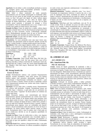 16 
Aparência: Cor de âmbar a cobre avermelhado profundo (a maioria dos exemplos possui matiz avermelhado profundo). Límpida. Colarinho baixo, de cor quase branco a bege. 
Sabor: Sabor e dulçor moderados de malte caramelo, ocasionalmente com um tostado amanteigado ou lembrando toffee. Final com um leve gosto de grão torrado, que propicia uma típica secura no final. Em geral sem lúpulo de sabor, embora alguns exemplos possam apresentar um leve sabor de lúpulo inglês. Amargor de lúpulo médio-baixo, embora um baixo uso de grãos torrados possa aumentar a percepção de amargor a níveis intermediários. Final de moderadamente seco a seco. Limpa e suave (versões lager podem ser muito suaves). Sem ésteres. 
Sensação na Boca: Corpo de médio-leve a médio, embora alguns exemplos contendo baixo nível de diacetil possam proporcionar uma sensação na boca levemente viscosa. Carbonatação moderada. Macia. Moderadamente atenuada (mais do que as Scottish Ales). Pode ter um ligeiro calor alcoólico em versões mais fortes. 
Impressão Geral: Um pint fácil de beber. Focada em malte, com dulçor inicial e final torrado e seco. 
Comentários: Às vezes produzida como uma lager (neste caso, geralmente não apresentará caráter de diacetil). Quando servida fria demais, o caráter torrado e o amargor podem parecer mais elevados. 
Ingredientes: Pode conter alguns adjuntos (milho, arroz ou açúcar), embora o uso excessivo de adjuntos possa prejudicar o caráter da cerveja. Geralmente tem um pouco de cevada torrada para conferir a cor avermelhada e o final torrado e seco. Maltes, lúpulos e leveduras do Reino Unido/Irlanda. 
Estatísticas: OG: 1,044 – 1,060 
IBUs: 17 – 28 FG: 1,010 – 1,014 
SRM: 9 – 18 ABV: 4,0 – 6,0% 
Exemplos Comerciais: Three Floyds Brian Boru Old Irish Ale, Great Lakes Conway’s Irish Ale (um pouco forte com 6,5%), Kilkenny Irish Beer, O’Hara’s Irish Red Ale, Smithwick’s Irish Ale, Beamish Red Ale, Caffrey’s Irish Ale, Goose Island Kilgubbin Red Ale, Murphy’s Irish Red (lager), Boulevard Irish Ale, Harpoon Hibernian Ale 
9E. Strong Scotch Ale 
Scotch Ale Forte 
Aroma: Profundamente maltoso, com caramelo frequentemente aparente. Aromas secundários, como turfa, terroso e/ou fumaça também podem estar presentes, adicionando complexidade. A caramelização é frequentemente confundida com diacetil, o qual deve ser de baixo a ausente. Ésteres de baixo a moderado e álcool estão frequentemente presentes nas versões mais fortes. Lúpulo de muito baixo a ausente. 
Aparência: Cor de cobre claro a castanho escuro, frequentemente com reflexos rubi profundos. Límpida. Normalmente possui um colarinho bege e volumoso, o qual pode não ser persistente nas versões mais fortes. “Lágrimas” de álcool podem ser evidentes nas versões mais fortes. 
Sabor: Ricamente maltoso, com caramelização por fervura frequentemente aparente (particularmente nas versões mais fortes). Notas de malte torrado ou de fumaça podem estar presentes, bem como algum caráter de nozes - todos os quais podem perdurar até o final. Sabor e amargor de lúpulo de baixo a médio baixo, portanto o sabor do malte deve dominar. Diacetil de baixo a ausente, embora a caramelização possa algumas vezes ser confundida com diacetil. Ésteres e álcool normalmente estão presentes em níveis de baixos a moderados. Os ésteres podem sugerir ameixas, passas ou frutas secas. Normalmente cheio e doce no palato, mas o final pode ser doce a médio-seco (devido ao uso de pequenas quantidades de cevada torrada). 
Sensação na Boca: Corpo de médio-cheio a cheio, com algumas versões (mas não todas) apresentando uma viscosidade espessa e pesada. Um calor alcoólico macio normalmente está presente e é bem-vindo, já que este equilibra o dulçor do malte. Carbonatação moderada. 
Impressão Geral: Rica, maltosa e frequentemente doce, o que pode ser sugestivo de uma sobremesa. Os sabores secundários complexos do malte evitam uma impressão unidimensional. A intensidade e a maltosidade podem variar. 
História/Comentários: Também conhecida como "wee heavy". Fermentada em temperaturas inferiores à maioria das ales e com nível de lupulagem mais baixo, resultando em sabores de malte limpos e intensos. Apropriada para sua região de origem, com malte abundante e baixas temperaturas de fermentação e envelhecimento. O lúpulo, por não ser nativo da Escócia e caro de se importar, era limitado ao mínimo. 
Ingredientes: Malte-base pale bem modificado, com até 3% de cevada torrada. Pode ser utilizado um pouco de malte cristal para ajustar a cor; contudo, o dulçor normalmente não vem desse malte, mas da baixa lupulagem, altas temperaturas de mosturação e caramelização do mosto durante a fervura. Uma pequena proporção de malte defumado pode adicionar profundidade, embora o caráter de turfa (algumas vezes percebido como terroso ou de fumaça) também possa ser oriundo da levedura e da água local. Embora a presença de lúpulo seja mínima, o emprego de variedades inglesas é mais autêntico. Água razoavelmente mole é típica. 
Estatísticas: OG: 1,070 – 1,130 
IBUs: 17 – 35 FG: 1,018 – 1,056 
SRM: 14 – 25 ABV: 6,5 – 10% 
Exemplos Comerciais: Traquair House Ale, Belhaven Wee Heavy, McEwan's Scotch Ale, Founders Dirty Bastard, MacAndrew's Scotch Ale, AleSmith Wee Heavy, Orkney Skull Splitter, Inveralmond Black Friar, Broughton Old Jock, Gordon Highland Scotch Ale, Dragonmead Under the Kilt 
10. AMERICAN ALE 
ALE AMERICANA 
10A. American Pale Ale 
Pale Ale Americana Aroma: Aroma de lúpulo geralmente de moderado a forte e resultante de dry-hopping ou adições tardias na fervura de variedades americanas de lúpulos. Caráter cítrico de lúpulo é bastante comum, mas não obrigatório. Maltosidade de baixa a moderada que suporta a apresentação do lúpulo e pode, opcionalmente, apresentar pequeno caráter de maltes especiais (como pão, tipo tostado, como biscoito). Ésteres frutados variam de moderado a nenhum. Sem diacetil. O dry- hopping (se utilizado) pode adicionar notas gramíneas, embora esta característica não deva ser excessiva. Aparência: Coloração de dourado pálido a âmbar profundo. Colarinho de branco a quase branco moderadamente abundante, com boa retenção. Geralmente bem límpida, ainda que versões que passam por dry-hopping possam ser levemente turvas. Sabor: Sabor de lúpulo normalmente de moderado a alto, muitas vezes apresentando caráter de lúpulos americanos (embora outras variedades possam ser utilizadas). O caráter de malte limpo de leve a moderadamente alto dá suporte à apresentação do lúpulo e pode, opcionalmente, demonstrar pequena quantia de caráter de maltes especiais (como pão, tipo tostado, como biscoito). O equilíbrio é tipicamente em direção aos últimos lúpulos adicionados e ao amargor, mas a presença do malte pode ser substancial. Sabores de caramelo são normalmente baixos ou ausentes. Ésteres frutados podem ser de moderados a ausentes. Amargor de lúpulo de moderado a alto com um final médio a seco. O sabor e o amargor do lúpulo normalmente persistem até o final. Sem diacetil. O dry-hopping (se utilizado) pode adicionar notas gramíneas, entretanto esta característica não deva ser excessiva. Sensação na Boca: Corpo de médio-leve a médio. Carbonatação de moderada a alta. Final suave e sem a adstringência normalmente associada à grande quantidade de lúpulo. Impressão Geral: Refrescante e lupulada, contudo com uma quantidade suficiente de malte para dar suporte. História: Uma adaptação americana da English Pale Ale, refletindo os ingredientes nativos (lúpulos, malte, levedura e água). Normalmente de cor clara, limpa de subprodutos da fermentação e com menos sabores de caramelo do que sua contraparte inglesa.  