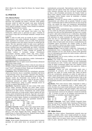 19 
Ellie’s Brown Ale, Goose Island Nut Brown Ale, Samuel Adams Brown Ale 
12. PORTER 
12A. Brown Porter 
Aroma: O aroma de malte com leve torrado deve ser evidente e pode apresentar uma qualidade que remete a chocolate. Pode também apresentar caráter de malte não tostado como apoio (lembrando caramelo, cereais, pão, nozes, toffee e/ou adocicado). Aroma de lúpulo inglês de moderado a nenhum. Esteres frutados de moderados a nenhum. Diacetil de baixo a ausente. 
Aparência: Coloração de marrom claro a marrom escuro, frequentemente com tons rubis quando vista contra a luz. Boa translucidez, embora possa se aproximar do opaco. Colarinho de quase branco a bege claro com formação moderada e retenção de boa a razoável. 
Sabor: O sabor de malte inclui um torrado de suave a moderado (frequentemente com caráter lembrando chocolate) e comumente caráter significativo de caramelo, nozes e/ou toffee. Pode apresentar sabores secundários como café, alcaçuz, biscoitos ou torrada para dar suporte. Não deve apresentar caráter de malte escuro significativo (sabor acre, queimado ou torrado áspero), embora pequenas quantias possam contribuir para uma complexidade que remete a chocolate amargo. Sabor de lúpulos ingleses de moderado a ausente. Amargor de lúpulo de médio-baixo a médio, variando em equilíbrio de levemente maltoso a levemente amargo. Normalmente razoavelmente atenuado, embora versões mais doces existam. Diacetil deve ser de moderado baixo a ausente. Ésteres frutados de moderado a baixo. 
Sensação de Boca: Corpo de médio-baixo a médio. Carbonatação de moderadamente baixa a moderadamente alta. 
Impressão Geral: Uma ale inglesa escura razoavelmente substancial com discreto caráter torrado. 
História: Originaria da Inglaterra a Porter evoluiu de uma mistura de cervejas ou gyles (extrações parciais de mosto dos grãos), conhecida como “Entire”. Precursora da Stout. Dizem que era preferida pelos estivadores e outros trabalhadores braçais. 
Comentários: Difere da Robust Porter por, normalmente, apresentar sabores mais discretos, doces e caramelados, densidades mais baixas e frequentemente menor teor alcoólico. Apresenta mais firmeza e torrado que a Brown Ale. Maior emdensidade do que a Dark Mild. Algumas versões são fermentadas com levedura de lager. O equilíbrio costuma tender mais para o malte do que para o lúpulo. Normalmente apresenta um caráter “inglês”. Versões históricas contendo Brettanomyces, acidez ou caráter defumado devem ser inscritas na categoria Specialty Beer (23). 
Ingredientes: Ingredientes ingleses são mais comuns. Pode conter diversos maltes, incluindo chocolate e/ou outros maltes escuros torrados e maltes tipo caramelo. Versões históricas usam quantidades significativas de malte marrom. Normalmente não contém grande quantia de malte preto ou cevada torrada. Lúpulos ingleses são mais comuns, porém normalmente não aparecem. Água tipo a de Londres ou de Dublin (com dureza devido ao teor de carbonatos moderada) é tradicional. Levedura inglesa, irlandesa ou ocasionalmente levedura de lager são usados. Pode conter uma quantidade moderada de adjuntos (açúcares, milho, melado, etc.). 
Estatísticas: OG: 1,040 – 1,052 
IBUs: 18 – 35 FG: 1,008 – 1,014 
SRM: 20 – 30 ABV: 4 – 5,4% 
Exemplos Comerciais: Fuller's London Porter, Samuel Smith Taddy Porter, Burton Bridge Burton Porter, RCH Old Slug Porter, Nethergate Old Growler Porter, Hambleton Nightmare Porter, Harvey’s Tom Paine Original Old Porter, Salopian Entire Butt English Porter, St. Peters Old-Style Porter, Shepherd Neame Original Porter, Flag Porter, Wasatch Polygamy Porter 
12B. Robust Porter 
Aroma: Aroma torrado (frequentemente com um caráter levemente queimado de malte preto) dever ser perceptível e pode ser moderadamente pronunciado. Opcionalmente poderá haver caráter maltoso para dar suporte (notas mais comuns são de cereais, pão, toffee, caramelo, chocolate, café, rico e/ou doce). Aroma de lúpulo de baixo a alto (Variedades provenientes dos Estados Unidos ou Reino Unido). Algumas versões norte-americanas podem apresentar dry-hopping. Esteres frutados variam de moderados a nenhum. Diacetil de baixo a ausente. 
Aparência: Coloração de marrom médio a marrom muito escuro, frequentemente com reflexos rubi ou granada. Podendo ser quase negra. A translucidez pode ser difícil de discernir em uma cerveja tão escura, mas quando não opaca será transparente (principalmente quando vista contra a luz). Colarinho bege, abundante, com retenção moderadamente boa. 
Sabor: Sabor maltoso moderadamente forte, normalmente contendo um leve caráter de malte preto queimado (algumas vezes sabores de chocolate e/ou café) com final apresentando um toque seco e torrado. Em geral o sabor pode terminar de seco a médio-doce, dependendo da composição dos maltes, nível de amargor de lúpulo e atenuação. Pode apresentar um caráter acentuado dos grãos escuros torrados, porem não deve ser demasiadamente acre, queimado ou áspero. Amargor de médio a alto, que pode ser acentuado pelos maltes torrados. Sabor de lúpulo pode variar de baixo a moderadamente alto (Variedades típicas provenientes dos Estados Unidos ou Reino Unido) e equilibra os sabores dos maltes torrados. Diacetil de baixo a ausente. Ésteres frutados de moderados a nenhum. 
Sensação de Boca: Corpo de médio a médio-alto. Carbonatação de moderadamente baixa a moderadamente alta. Versões mais fortes podem apresentar um leve calor devido ao álcool. Pode apresentar uma leve adstringência proveniente dos maltes torrados, embora este caráter não deva ser forte. 
Impressão Geral: Uma ale escura, maltosa, com sabor complexo e caráter torrado substancial. 
História: Uma versão mais forte, lupulada e/ou torrada da Porter, desenvolvida como um retrocesso histórico ou uma interpretação norte-americana do estilo. Versões mais tradicionais apresentaram caráter de lúpulo (comumente inglês) mais sutil, enquanto versões modernas podem ser consideravelmente mais agressivas. Ambas as versões são igualmente válidas. 
Comentários: Embora um estilo relativamente amplo para a interpretação do cervejeiro, ela se distingue da Stout por não apresentar um caráter de cevada torrada forte. Difere da Brown Porter por, normalmente, apresentar um caráter de malte preto ou torrado e poder apresentar teor alcoólico mais elevado. Os sabores de malte e caráter torrado podem variar significativamente. Pode ou não apresentar um forte caráter de lúpulo e pode ou não ter subprodutos de fermentação presentes; assim tendendo ao caráter “americano” ou “inglês”. 
Ingredientes: Pode conter diversos maltes, destacando-se maltes e cereais torrados, que normalmente inclui o “black patent malt” (malte chocolate e/ou cevada torrada também pode estar presente em algumas versões).O lúpulo é usado para amargor, sabor e/ou aroma; frequentemente de variedades do Reino Unido ou norte-americanas. A água tipicamente contem teor de carbonatos variando de moderado a alto. A levedura ale pode ser de linhagens norte-americanas de caráter limpo, ou variedades caracteristicamente inglesas. 
Estatísticas: OG: 1,048 – 1,065 
IBUs: 25 – 50 FG: 1,012 – 1,016 
SRM: 22 – 35 ABV: 4,8 – 6,5% 
Exemplos Comerciais: Great Lakes Edmund Fitzgerald Porter, Meantime London Porter, Anchor Porter, Smuttynose Robust Porter, Sierra Nevada Porter, Deschutes Black Butte Porter, Boulevard Bully! Porter, Rogue Mocha Porter, Avery New World Porter, Bell’s Porter, Great Divide Saint Bridget’s Porter 
12C. Baltic Porter 
Aroma: Rico dulçor maltoso, frequentemente contendo notas que remetem a caramelo, toffee, nozes, tostado profundo e/ou alcaçuz. Perfil complexo de álcoois e ésteres de força moderada que lembra ameixa, ameixa seca, uva passa, cereja ou cassis e, ocasionalmente, vinho do porto. Apresenta caráter de malte escuro que remete a  