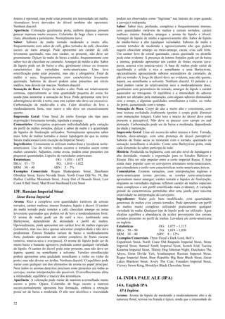 22 
ésteres é opcional, mas pode estar presente em intensidade até média. Aromáticos leves derivados do álcool também são opcionais. Nenhum diacetil. 
Aparência: Coloração geralmente preta, embora algumas possam parecer marrons muito escuros. Colarinho de bege claro a marrom claro, abundante e persistente. Normalmente turva. 
Sabor: Sabores de malte torrado moderado a muito alto, frequentemente com sabor de café, grãos torrados de café, chocolate escuro ou meio amargo. Pode apresentar um caráter de café levemente queimado, mas este caráter, se presente, não deve ser proeminente. Dulçor de malte de baixo a médio, frequentemente com sabor rico de chocolate ou caramelo. Amargor de médio a alto. Sabor de lúpulo pode ser de baixo a alto, geralmente cítrico ou resinoso característico das variedades norte-americanas. Uma leve esterificação pode estar presente, mas não é obrigatória. Final de médio a seco, frequentemente com característica levemente queimada. Sabores de álcool podem estar presentes até níveis médios, mas devem ser macios. Nenhum diacetil. 
Sensação de Boca: Corpo de médio a alto. Pode ser relativamente cremosa, especialmente se uma quantidade pequena de aveia for usada para aumentar a sensação de boca. Pode apresentar uma leve adstringência devido à torra, mas este caráter não deve ser excessivo. Carbonatação de médio-alta a alta. Calor alcoólico de leve a moderadamente forte, mas suave e não deve ser excessivamente quente. 
Impressão Geral: Uma Stout do estilo Foreign (do tipo para exportação) fortemente torrada, lupulada e amarga. 
Comentários: Cervejarias expressam individualidade pela variação do perfil de maltes torrados, dulçor e sabor de malte e a quantidade de lúpulos de finalização utilizados. Normalmente apresenta sabor mais forte de maltes torrados e maior lupulagem do que as outras Stouts tradicionais (com exceção da Imperial Stout). 
Ingredientes: Comumente se utilizam maltes-base e leveduras norte- americanos. Uso de vários maltes escuros e torrados assim como maltes caramelo. Adjuntos, como aveia, podem estar presentes em pequenas quantidades. Lúpulos de variedades americanas. 
Estatísticas: OG: 1,050 – 1,075 
IBUs: 35 – 75 FG: 1,010 – 1,022 
SRM: 30 – 40 ABV: 5 – 7% 
Exemplos Comerciais: Rogue Shakespeare Stout, Deschutes Obsidian Stout, Sierra Nevada Stout, North Coast Old No. 38, Bar Harbor Cadillac Mountain Stout, Avery Out of Bounds Stout, Lost Coast 8 Ball Stout, Mad River Steelhead Extra Stout 
13F. Russian Imperial Stout 
Stout Russa Imperial 
Aroma: Rico e complexo com quantidades variáveis de cereais torrados, caráter maltoso, ésteres frutados, lúpulo e álcool. O caráter do malte torrado pode remeter a café, chocolate amargo ou notas levemente queimadas que podem ser de leve a moderadamente forte. O aroma de malte pode ser de sutil a rico, lembrando uma Barleywine, dependendo da densidade e perfil de maltes. Opcionalmente, pode apresentar um caráter leve de maltes especiais (caramelo), mas isso deve apenas adicionar complexidade e não deve predominar. Ésteres frutados variam de baixo a moderadamente forte, podendo apresentar um caráter complexo de frutas escuras (ameixa, ameixa-seca e uva-passa). O aroma de lúpulo pode ser de muito baixo a bastante agressivo, podendo conter qualquer variedade de lúpulo. O caráter do álcool pode estar presente, mas não deve ser áspero, quente ou semelhante a solvente. Versões envelhecidas podem apresentar uma qualidade semelhante a vinho ou vinho do porto, mas não devem ser ácidas. Nenhum diacetil. O equilíbrio pode variar com qualquer um dos elementos de aroma no papel principal. Nem todos os aromas descritos precisam estar presentes em todas as cervejas, muitas interpretações são possíveis. O envelhecimento afeta a intensidade, equilíbrio e maciez dos aromáticos. 
Aparência: A coloração pode variar de marrom avermelhado muito escuro a preto. Opaca. Colarinho de bege escuro a marrom escuro,normalmente apresenta boa formação, embora a retenção possa ser de baixa a moderada. O alto teor alcoólico e viscosidade podem ser observados como “lágrimas” nas laterais do copo quando a cerveja é rodopiada. 
Sabor: Sabor rico, profundo, complexo e frequentemente intenso, com quantidades variáveis de maltes e cereais torrados, caráter maltoso, ésteres frutados, amargor e aroma de lúpulo e álcool. Amargor de lúpulo de médio a agressivamente alto. Sabor de lúpulo de médio-baixo a alto (qualquer variedade). Sabores de malte e cereais torrados de moderado a agressivamente alto que podem sugerir chocolate amargo ou meio-amargo, cacau, e/ou café forte. Um caráter leve de cereal queimado, cassis queimado ou alcatrão pode estar evidente. A presença de ésteres frutados pode ser de baixa a intensa, podendo apresentar um caráter de frutas escuras (uva- passa, ameixa e/ou ameixa-seca). A base de maltes pode variar de equilibrada e sólida a rica e semelhante a uma Barleywine, opcionalmente apresentando sabores secundários de caramelo, de pão ou tostado. A força do álcool deve ser evidente, mas não quente, áspera, ou semelhante a solvente. Nenhum diacetil. O paladar e o final podem variar de relativamente seco a moderadamente doce, geralmente com persistência do torrado, amargor de lúpulo e caráter aquecedor no retrogosto. O equilíbrio e a intensidade de sabores podem ser afetados pela maturação, com alguns sabores diminuindo com o tempo, e algumas qualidades semelhantes a vinho, ou vinho do porto, aumentando com o tempo. 
Sensação de Boca: Corpo de alto a muito alto e consistente, com uma textura aveludada exuberante (porém o corpo pode diminuir com maturações longas). Calor leve e macio do álcool deve estar presente e perceptível. Não deve se parecer com xarope ou mal atenuada. Carbonatação pode ser de baixa a moderada, dependendo da idade e maturação. 
Impressão Geral: Uma ale escura de sabor intenso e forte. Torrada, frutada, doce-amargo, com uma presença de álcool perceptível. Sabores de frutas secas se misturam com o torrado, queimado ou sensação semelhante a alcatrão. Como uma Barleywine preta, onde cada dimensão de sabor participa do todo. 
História: Produzida na Inglaterra, com um alto nível de lupulagem e alta densidade, visando a exportação para os Estados Bálticos e Rússia. Dita ter sido popular entre a corte imperial Russa. É hoje ainda mais popular com os cervejeiros artesanais norte-americanos, que estenderam o estilo com características norte-americanas únicas. 
Comentários: Existem variações, com interpretações inglesas e norte-americanas (como previsto, as versões norte-americanas apresentam maior amargor, caráter torrado e lúpulos de finalização, enquanto as variedades inglesas refletem caráter de maltes especiais mais complexos e um perfil esterificado mais evidente). A variação grande de características permitidas abre uma janela para máxima criatividade na interpretação do cervejeiro. 
Ingredientes: Malte pale bem modificado, com quantidades generosas de maltes e/ou cereais torrados. Pode apresentar um perfil de maltes muito complexo utilizando praticamente qualquer variedade de malte. Qualquer tipo de lúpulo pode ser utilizado. Água alcalina equilibra a abundancia da acidez proveniente dos cereais torrados presentes no perfil de maltes. Levedura ale norte-americana ou inglesa. 
Estatísticas: OG: 1,075 – 1,115 
IBUs: 50 – 90 FG: 1,018 – 1,030 
SRM: 30 – 40 ABV: 8 – 12% 
Exemplos Comerciais: Three Floyd’s Dark Lord, Bell’s 
Expedition Stout, North Coast Old Rasputin Imperial Stout, Stone Imperial Stout, Samuel Smith Imperial Stout, Scotch Irish Tsarina Katarina Imperial Stout, Thirsty Dog Siberian Night, Deschutes The Abyss, Great Divide Yeti, Southampton Russian Imperial Stout, Rogue Imperial Stout, Bear Republic Big Bear Black Stout, Great Lakes Blackout Stout, Avery The Czar, Founders Imperial Stout, Victory Storm King, Brooklyn Black Chocolate Stout 
14. INDIA PALE ALE (IPA) 
14A. English IPA 
IPA Inglesa Aroma: Aroma de lúpulo de moderado a moderadamente alto e de natureza floral, terrosa ou frutada é típico, ainda que a intensidade do  