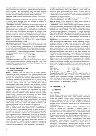 34 
Sensação na boca: Extremamente carbonatada. Corpo de leve a médio, entretanto mais leve do que a densidade original pode sugerir (graças ao açúcar e alta carbonatação). Suave, mas ainda apresenta notável calor proporcionado pelo álcool. Sem caráter de álcool quente ou solvente. Sempre efervescente. Nunca adstringente. 
Impressão Geral: Uma ale belga dourada, complexa, efervescente e intensa. 
História: Originalmente desenvolvida pela cervejaria Moortgat após a Segunda Guerra Mundial como uma resposta ao aumento da popularidade das cervejas Pilsner. 
Comentários: Assemelha-se fortemente a uma Tripel, mas pode ser ainda mais clara, suave em corpo e apresentar final ainda mais definido (crisp) e ser mais seca. O final seco e o corpo leve proporcionam que a lupulagem e as características condimentadas sejam ainda mais proeminentes. Referências ao demônio estão presentes em muitos exemplos comercias deste estilo, atribuídas ao alto teor alcoólico do estilo e como um tributo ao exemplo comercial original, a cerveja Duvel. Os melhores exemplos são complexos e delicados. A alta carbonatação ajuda a trazer a tona os muitos sabores e a percepção de um final seco. Tradicionalmente engarrafada refermentada na garrafa. 
Ingredientes: A coloração clara e o relativo baixo corpo para uma cerveja desta potência são o resultado do uso de malte Pilsen e mais de 20% de açúcar branco. Lúpulos nobres ou Styrian Goldings são normalmente utilizados. Linhagens de leveduras belgas são usadas – aquelas que proporcionam ésteres frutados, fenóis condimentados e alcoóis superiores – frequentemente auxiliadas por temperaturas mais altas de fermentação. Água razoavelmente mole. 
Estatísticas: OG: 1,070 – 1,095 
IBUs: 22 – 35 FG: 1,005 – 1,016 
SRM: 3 – 6 ABV: 7,5 – 10,5% 
Exemplos Comerciais: Duvel, Russian River Damnation, Hapkin, Lucifer, Brigand, Judas, Delirium Tremens, Dulle Teve, Piraat, Great Divide Hades, Avery Salvation, North Coast Pranqster, Unibroue Eau Benite, AleSmith Horny Devil 
18E. Belgian Dark Strong Ale 
Ale Forte Escura Belga 
Aroma: Complexo, com um dulçor rico de malte, presença significativa de ésteres e de álcool e com condimentação opcional variando de leve a moderada. O aspecto maltoso é rico e intenso, e pode ter uma qualidade tipo Munique, sendo frequentes aromas caramelados, tostados e/ou semelhantes a pão. Os ésteres frutados variam de intensos a moderadamente baixos, e podem ter notas de uva passas, ameixas, cereja seca, figo e ameixa passas. Fenóis condimentados podem estar presentes, mas geralmente possuem notas apimentadas e não semelhantes a cravo. Os alcoóis são suaves, condimentados, perfumados e/ou com notas semelhantes a rosas variando de baixos a moderados em intensidade. Os lúpulos geralmente não estão presentes (mas, um leve aroma de lúpulos nobres é aceitável). Nenhum diacetil. Nenhum aroma de maltes escuros/torrados. Nenhum aroma de solvente ou álcool quente. Nenhuma adição de especiarias que se faça notável. 
Aparência: Coloração que varia do âmbar profundo a um marrom acobreado profundo (“escura” neste contexto implica “de coloração mais profunda do que o dourado”) Colarinho com cor variando de creme a bege claro, vasto, denso, com aspecto de mousse, com persistência cremosa. Pode ser de límpida a um tanto turva. 
Sabor: Similar ao aroma (os mesmos comentários e aspectos do malte, do perfil de ésteres, fenóis, lúpulo, álcool, e condimentação se aplicam ao sabor). Moderadamente maltosa ou doce no palato. A percepção do sabor final é variável e plausível de interpretação (versões autenticamente Trapistas são moderadamente secas ou secas, enquanto as versões Abadia podem ter um final de médio-seco a doce). Baixo amargor para uma cerveja desta intensidade, o álcool proporciona certo equilíbrio com o malte. Cervejas mais adocicadas e mais encorpadas terão um amargor maior para equilibrar. Na maioria das versões o equilíbrio tende ao malte, embora algumas sejam levemente amargas. Os sabores complexos e variados da cerveja devem se combinar de forma harmoniosa e com suavidade. 
Sensação na boca: Altamente carbonatada, mas sem a sensação de picância proporcionada pelo ácido carbônico. Suave, mas com perceptível calor proporcionado pelo álcool. O corpo pode ser variável e plausível de interpretação (nas versões autenticamente Trapistas tende a ser de médio-leve a médio, enquanto nas versões de Abadia pode ser cheio e cremoso). 
Impressão Geral: Uma ale belga escura, muito rica, complexa e muito intensa. Complexa, rica, suave e perigosa. 
História: Muitas versões possuem um caráter único refletindo as próprias características da cervejaria que a produz. 
Comentários: Versões autenticamente Trapistas tendem a ser mais secas (os belgas diriam “mais digestíveis”) do que as versões Abadia, que podem ser mais adocicadas e encorpadas. Um amargor maior é permitido nas versões Abadia, com uma densidade final maior. Cervejas tipo Barleywine (ex: Scaldis/Bush, La Trappe Quadrupel, Weyerbacher QUAD) e tipo Spiced/Christmas (ex: N`ice Chouffe, Affligem Nöel) devem ser inscritas no estilo Belgian Specialty Ale (16E), e não nesta categoria. Tradicionalmente refermentadas na garrafa. 
Ingredientes: São normalmente utilizadas linhagens de leveduras belgas com tendências para produzir alcoóis superiores, ésteres e compostos fenólicos. A água pode ser de mole a dura. Dá a impressão de utilização de uma lista complexa de grãos, embora versões mais tradicionais sejam bastante simples, com xarope de açúcar caramelizado ou outros açúcares não refinados e leveduras que promovem grande parte da complexidade. Cervejeiros caseiros podem usar maltes-base Pilsen belga, ou pale, malte Munique para características maltosas ou outros maltes especiais para caráter. O xarope de açucares caramelizados ou os açucares não refinados deixam o corpo mais leve e adicionam cor e sabor (especialmente se açúcares escuros forem utilizados). Normalmente são utilizados lúpulos nobres, variedades inglesas ou Styrian Goldings. Nenhuma especiaria é geralmente utilizada, mas se utilizadas devem ser sutis e devem ficar no plano de fundo. Evite usar maltes tipo cristal americanos ou do Reino Unido (estes promovem o tipo errado de dulçor). 
Estatísticas: OG: 1,075 – 1,110 
IBUs: 20 – 35 FG: 1,010 – 1,024 
SRM: 12 – 22 ABV: 8 – 11% 
Exemplos Comerciais: Westvleteren 12 (yellow cap), Rochefort 10 (blue cap), St. Bernardus Abt 12, Gouden Carolus Grand Cru of the Emperor, Achel Extra Brune, Rochefort 8 (green cap), Southampton Abbot 12, Chimay Grande Reserve (Blue), Brasserie des Rocs Grand Cru, Gulden Draak, Kasteelbier Bière du Chateau Donker, Lost Abbey Judgment Day, Russian River Salvation 
19. STRONG ALE 
ALE FORTE 
19A. Old Ale 
Aroma: Dulçor maltoso com ésteres frutados, muitas vezes com mistura complexa de frutas secas, notas viniferas, caramelado, melado, que remetem a nozes, toffee e outros aromas de maltes especiais. Algumas notas de alcoól e oxidação, similares às encontradas em vinho de Xerez ou vinho do Porto são aceitáveis. Aroma de lúpulos normalmente ausente devido ao longo processo de envelhecimento. 
Aparência: Coloração de âmbar a marrom avermelhado muito escuro (a maioria dos exemplares é bastante escura). O envelhecimento e oxidação podem escurecer ainda mais a cerveja. Pode ser quase opaca (caso contrário, deve ser translúcida). Espuma de creme a bege-claro, variando de moderada a baixa, que pode ser afetada negativamente pelo teor alcoólico e pelo envelhecimento. 
Sabor: Caráter de malte variando de médio a alto, com uma voluptuosa complexidade maltosa, frequentemente com notas semelhantes a nozes, caramelo e/ou melado. Um leve sabor de chocolate ou malte tostado é opcional, mas jamais deve ser proeminente. Frequentemente o equilíbrio tende ao dulçor do malte, mas pode ser bem lupulada (a impressão do amargor frequentemente depende do tempo de envelhecimento). É comum a presença de  