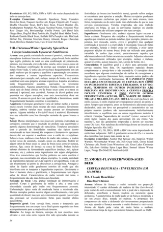 38 
Estatísticas: OG, FG, IBUs, SRM e ABV vão variar dependendo do esilo da cerveja-base. 
Exemplos Comerciais: Alesmith Speedway Stout, Founders Breakfast Stout, Traquair Jacobite Ale, Rogue Chipotle Ale, Young’s Double Chocolate Stout, Bell’s Java Stout, Fraoch Heather Ale, Southampton Pumpkin Ale, Rogue Hazelnut Nectar, Hitachino Nest Real Ginger Ale, Breckenridge Vanilla Porter, Left Hand JuJu Ginger Beer, Dogfish Head Punkin Ale, Dogfish Head Midas Touch, Redhook Double Black Stout, Buffalo Bill's Pumpkin Ale, BluCreek Herbal Ale, Christian Moerlein Honey Almond, Rogue Chocolate Stout, Birrificio Baladin Nora, Cave Creek Chili Beer 
21B. Christmas/Winter Specialty Spiced Beer 
Cerveja Condimentada Especial de Natal/Inverno 
Aroma: uma grande variedade de aromas é possível, embora muitos exemplares lembrem biscoitos natalinos, gingerbread, bolo natalino tipo inglês, pinheiro de natal ou uma combinação de pimenta-da- jamaica, noz-moscada, cravo-da-índia, canela, anis e cascas secas de frutas. Qualquer combinação de aromas que remetam à época de natal é bem-vinda. O estilo da cerveja-base frequentemente tem um perfil maltoso que dá suporte e equilibra a apresentação dos aromas dos temperos e outros ingredientes especiais. Fermentáveis adicionais (por exemplo, mel, melaço, xarope de bordo, etc.) podem contribuir com seus próprios aromas respectivos. Lúpulos aromáticos estão frequentemente ausentes, suavisados ou levemente condimentados. Alguma característica frutada (frequentemente de casca seca de frutas cítricas ou de frutas secas como uva passa ou ameixa) é opcional, mas aceitável. Aromas de álcool podem estar presentes em alguns exemplos, mas esta característica deve ser restrita. O aroma em geral deve ser equilibrado e harmonioso, sendo frequentemente bastante complexo e convidativo. 
Aparência: Coloração geralmente varia de âmbar médio a marrom muito escuro (versões mais escuras são mais comuns). Geralmente límpida, embora versões mais escuras possam ser virtualmente opacas. Alguma turbidez a frio (chill haze) é aceitável. Geralmente tem um colarinho com boa formação variando de quase branco a bege. 
Sabor: Muitas interpretações são possíveis: permita criatividade ao cervejeiro, contanto que o resultado do produto seja equilibrado e permita alguma demonstração de especiarias. Temperos associados com o período de festividades natalinas são típicos (como mencionado no item Aroma). Os temperos e fermentáveis opcionais devem dar um suporte e combinar com o estilo da cerveja-base. Sabores ricos, maltosos e/ou dulçor do malte são comuns, e podem incluir notas de caramelo, tostado, nozes ou chocolate. Podem ter algum sabor de frutas secas ou casca de frutas secas como uva-passa, ameixa, figo, casca de laranja ou casca de limão. Podem incluir sabores distintos de fermentáveis específicos (melaço, mel, açúcar mascavo, etc.), embora estes ingredientes não sejam obrigatórios. Uma leve característica que lembre pinheiro ou outra conífera é opcional, mas encontrados em alguns exemplos. A grande variedade de ingredientes especiais deve dar suporte e ser equilibrada, e não ser tão proeminente ao ponto de obscurecer a cerveja-base. Amargor e sabor de lúpulo estão geralmente restritos de modo que não interfiram com os temperos e ingredientes especiais. Geralmente o final é bastante cheio e gratificante, e frequentemente tem algum sabor de álcool. Características de malte torrado são raras, e frequentemente não são mais fortes que chocolate. 
Sensação na boca: Uma grande variedade de interpretações é possível. Corpo é geralmente de médio a alto, e uma certa viscosidade causada pelo malte esta frequentemente presente. Carbonatação típica varia de moderada baixa a moderada alta. Muitos exemplos podem mostrar algum envelhecimento, calor pela quantidade de álcool, mas sem ser extremamente quente. As cervejas não precisam ser excessivamente fortes para mostrar efeitos aquecedores. 
Impressão geral: Uma cerveja forte, escura e temperada que frequentemente tem um corpo rico e final quente sugerindo um bom acompanhamento para a estação fria de inverno. 
História: Ao longo da história, cervejas de teor alcoólico mais elevado e com uma certa riqueza têm sido apreciadas durante as festividades de invero (no hemisfério norte), quando velhos amigos se encontram para apreciar a estação. Muitas cervejarias produzem cervejas sazonais exclusivas que podem ser mais escuras, mais fortes, temperadas ou de outro modo mais elaboradas do que as suas cervejas convencionais. Versões temperadas são uma tradição americana ou belga, já que as cervejarias inglesas ou alemãs tradicionalmente não utilizam temperos em suas cervejas. 
Ingredientes: Geralmente ales, embora algumas lagers escuras e fortes existam. Temperos são exigidos e frequentemente incluem aqueles que remetem ao período natalino, (por exemplo, pimenta -da- jamaica, noz moscada, canela, cravo e gengibre) mas qualquer combinação é possível e a criatividade é encorajada. Casca de frutas (por exemplo, laranja e limão) pode ser utilizada, e pode haver pequenas adições de outras frutas. Pode ser utilizado uma grande variedade de maltes tipo cristal, particularmente aqueles que adicionam sabores de frutas escuras ou caramelo. Adjuntos saborosos são frequentemente utilizados (por exemplo, melaço e melado, açúcar invertido, açúcar mascavo, mel, xarope de bordo, etc.). 
Comentários: O equilíbrio geral é a chave para apresentar uma cerveja natalina bem feita. Os ingredientes especiais devem complementar a cerveja-base e não escondê-la. O cervejeiro deve reconhecer que algumas combinações de estilos de cerveja-base e ingredientes especiais funcionam bem, enquanto outros podem não formar uma combinação harmoniosa. O CANDIDATO PODE DECLARAR UM ESTILO-BASE DE CERVEJA BEM COMO OS INGREDIENTES ESPECIAIS UTILIZADOS. O ESTILO- BASE, TEMPEROS OU OUTROS INGREDIENTES NÃO PRECISAM SER IDENTIFICADOS. A CERVEJA PRECISA INCLUIR TEMPEROS E PODE INCLUIR OUTROS FERMENTÁVEIS (AÇÚCAR, MEL, XAROPE DE BORDO , MELAÇO, MELADO, ETC.) OU FRUTA. Se a cerveja-base é um estilo clássico, o estilo original deve transparecer através do aroma e sabor. Sempre que temperos, ervas ou fermentáveis adicionais sejam declarados, cada um deve ser perceptível e característico da sua própria maneira (embora não necessariamente individualmente identificáveis, o equilíbrio com os outros ingredientes também é crítico). Cervejas “aquecedores de inverno” (winter warmers) de estilo inglês (alguns dos quais apresentam em seu rótulo “ale natalina”), não são geralmente temperadas e devem ser inscritas como Old Ales. Ales natalinas de estilo belga devem ser inscritas em Belgian Specialty Ale (16E). 
Estatísticas: OG, FG, IBUs, SRM e ABV vão variar dependendo do estilo-base subjacente. ABV é geralmente acima de 6% e a maioria dos exemplos é um pouco mais escura na cor. 
Exemplos Comerciais: Anchor Our Special Ale, Harpoon Winter Warmer, Weyerbacher Winter Ale, Nils Oscar Julöl, Goose Island Christmas Ale, North Coast Wintertime Ale, Great Lakes Christmas Ale, Lakefront Holiday Spice Lager Beer, Samuel Adams Winter Lager, Troegs The Mad Elf, Jamtlands Julöl 
22. SMOKE-FLAVORED/WOOD-AGED BEER 
CERVEJA DEFUMADA / ENVELHECIDA EM MADEIRA 
22A. Classic Rauchbier 
Rauchbier Clássica 
Aroma: Mistura de fumaça e malte variando em proporção intensidade. O caráter defumado de madeira de faia (beechwood) pode variar de sutil a razoavelmente forte e pode dar a impressão de defumado, semelhante a bacon, madeira ou raramente quase gorduroso. A característica do malte pode ser de baixa a moderada, e ser um pouco doce, tostada ou maltosa. A proporção dos componentes de malte e defumado são inversamente proporcionais (ou seja, quando a fumaça aumenta o malte diminui e vice-versa). Aroma de lúpulo pode variar de muito baixo a nenhum. Característica limpa de lager sem ésteres frutados, diacetil ou DMS.  