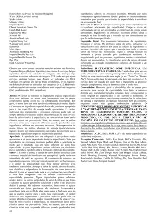 41 
Honey Beers (Cervejas de mel, não Braggots) 
Wiess (Kölsch jovem e turva) 
Sticke Altbier 
Münster Altbier 
Imperial Porter 
Classic American Cream Ale 
Czech Dark Lager 
English Pale Mild 
Scottish 90/- 
American Stock Ale 
English Strong Ale 
“Cerveja” sem álcool 
Kellerbier 
Malt Liquor 
Australian Sparkling Ale 
Imperial/Double Red Ale 
Imperial/Double Brown Ale 
Rye IPA 
Dark American Wheat/Rye 
Observe que certas outras categorias especiais existem nas diretrizes. Especiais Belgas (Belgian Specialties) ou clones de cervejas belgas específicas devem ser colocadas na categoria 16E. Cervejas tipo natalinas devem ser colocadas na categoria 21B (a não ser que sejam cervejas natalinas belgas; estas devem ser colocadas em 16E). Cervejas com apenas um tipo de fruta, condimento, ervas, legumes ou defumado devem ser colocadas nas categorias 20 a 22. Hidroméis e sidras especiais devem ser colocadas em suas respectivas categorias (26C para hidroméis, 28D para sidras). 
Aroma: O caráter da natureza ou ingrediente especial especificado deve estar evidente no aroma, mas harmonioso com os outros componentes (ainda assim não os sobrepujando totalmente). Em geral, o aroma deve ser uma agradável combinação de malte, lúpulo e a natureza ou ingrediente especial destacado, conforme apropriado para o tipo específico de cerveja sendo apresentado. O caráter individual dos ingredientes e processos especiais pode não ser sempre identificável quando usados em combinação. Se uma cerveja- base de estilo clássico é especificada, as características desse estilo clássico devem ser perceptíveis. Note, no entanto, que os estilos clássicos terão uma impressão diferente quando produzidos com ingredientes, aditivos ou processos incomuns. Os componentes de aroma típicos de estilos clássicos de cerveja (particularmente lúpulos) podem ser intencionalmente suavizados para permitir que a natureza ou ingredientes especiais sejam mais aparentes. 
Aparência: A aparência deve ser adequada à cerveja-base sendo apresentada e irá variar dependendo desta (se especificada). Note que ingredientes ou processos incomuns podem afetar a aparência de modo que o resultado seja um tanto diferente do estilo-base especificado. Alguns ingredientes podem adicionar cor (incluindo para o colarinho), e podem afetar a formação e retenção de colarinho. 
Sabor: Tal como o aroma, o caráter de sabor distinto associado com a natureza especial declarada deve ser perceptível, e pode variar em intensidade do sutil ao agressivo. O casamento de natureza ou ingredientes especiais com a cerveja subjacente deve ser harmonioso, e o caráter da especialidade não deve parecer artificial e/ou totalmente avassalador. Amargor e sabor de lúpulo, sabores de malte, teor alcoólico e subprodutos da fermentação tais como ésteres ou diacetil, devem ser apropriados para a cerveja-base (se especificada) e estar bem integrados com os sabores característicos da especialidade presentes. Alguns ingredientes podem adicionar acidez, dulçor, ou outros subprodutos de sabor. Lembre-se que frutas e adjuntos de açúcar geralmente adicionam o sabor e não excessivo dulçor à cerveja. Os adjuntos açucarados, bem como o açúcar encontrado em frutas, geralmente são totalmente fermentados e contribuem para um perfil de sabor mais suave e final mais seco do que se poderia esperar para o estilo-base especificado. O caráter individual dos ingredientes e processos especiais pode não ser sempre identificável quando usados em combinação. Se uma cerveja- base de estilo clássico é especificada, as características desse estilo clássico devem ser perceptíveis. Note, no entanto, que os estilos clássicos terão uma impressão diferente quando produzidos com ingredientes, aditivos ou processos incomuns. Observe que estes componentes (particularmente lúpulos) podem ser intencionalmente suavizados para permitir que o caráter da especialidade se manifeste na apresentação final. 
Sensação na Boca: A sensação na boca pode variar dependendo da cerveja-base selecionada (se especificada). Corpo e níveis de carbonatação devem ser apropriados ao estilo-base de cerveja sendo apresentado. Ingredientes ou processos incomuns podem afetar a sensação na boca de modo que o resultado seja um tanto diferente do que do estilo-base especificado. 
Impressão Geral: Um casamento harmonioso de ingredientes, processos e cerveja. Os atributos chave do estilo subjacente (se especificado) serão atípicos por causa da adição de ingredientes e técnicas especiais; não espere que a cerveja-base tenha o mesmo sabor da versão não modificada. Julgue a cerveja baseado na harmonia e prazer causado pela combinação resultante. A singularidade geral do processo, ingredientes usados e criatividade devem ser considerados. A classificação geral da cerveja depende fortemente da avaliação inerentemente subjetiva de distinção e de drinkability. 
Estilo-Base: O CERVEJEIRO PODE ESPECIFICAR UM ESTILO DE CERVEJA COMO BASE. O estilo-base pode ser um estilo clássico (i.e. uma subcategoria específica destas Diretrizes de Estilo) ou uma caracterização mais ampla (p. ex. “Porter” ou “Brown Ale”). Se um estilo-base for declarado, este deve ser reconhecível. A cerveja deve ser julgada por quão bem o ingrediente ou processo especial complementa, realça e harmoniza com o estilo-base. 
Comentários: Harmonia geral e drinkability são as chaves para apresentar uma cerveja de especialidade bem feita. A natureza distinta dos ingredientes/métodos especiais deve complementar o estilo original (se especificado) e não suprimi-lo totalmente. O cervejeiro deve reconhecer que algumas combinações de estilos base de cerveja e ingredientes ou técnicas funcionam bem em conjunto, enquanto outros não geram combinações palatáveis. O CERVEJEIRO DEVE OBRIGATORIAMENTE ESPECIFICAR A "NATUREZA EXPERIMENTAL" DA CERVEJA (P. EX. OS TIPOS DE INGREDIENTES ESPECIAIS USADOS, O PROCESSO UTILIZADO OU O ESTILO HISTÓRICO SENDO PRODUZIDO), OU POR QUE A CERVEJA NÃO SE EMCAIXA EM UM ESTILO ESTABELECIDO. Para estilos históricos ou ingredientes/técnicas incomuns que podem não ser conhecidos por todos os juízes de cerveja, o cervejeiro deve fornecer descrições dos estilos, ingredientes e/ou técnicas como um auxílio para os juízes. 
Estatísticas: OG, FG, IBUs, SRM e ABV vão variar dependendo do estilo-base subjacente. 
Exemplos Comerciais: Bell’s Rye Stout, Bell’s Eccentric Ale, Samuel Adams Triple Bock and Utopias, Hair of the Dog Adam, Great Alba Scots Pine, Tommyknocker Maple Nut Brown Ale, Great Divide Bee Sting Honey Ale, Stoudt’s Honey Double Mai Bock, Rogue Dad’s Little Helper, Rogue Honey Cream Ale, Dogfish Head India Brown Ale, Zum Uerige Sticke and Doppel Sticke Altbier, Yards Brewing Company General Washington Tavern Porter, Rauchenfels Steinbier, Odells 90 Shilling Ale, Bear Republic Red Rocket Ale, Stone Arrogant Bastard  
