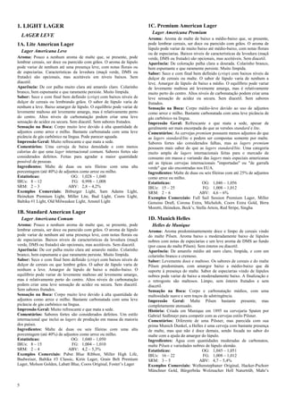 5 
1. LIGHT LAGER 
LAGER LEVE 
1A. Lite American Lager 
Lager Americana Leve Aroma: Pouco a nenhum aroma de malte que, se presente, pode lembrar cereais, ser doce ou parecido com grãos. O aroma de lúpulo pode variar de nenhum até uma presença leve, com notas florais ou de especiarias. Características da levedura (maçã verde, DMS ou frutado) são opcionais, mas aceitáveis em níveis baixos. Sem diacetil. Aparência: De cor palha muito clara até amarelo claro. Colarinho branco, bem espumante e que raramente persiste. Muito límpida. Sabor: Seco e com final bem definido (crisp) com baixos níveis de dulçor de cereais ou lembrando grãos. O sabor de lúpulo varia de nenhum a leve. Baixo amargor de lúpulo. O equilíbrio pode variar de levemente maltoso até levemente amargo, mas é relativamente perto do centro. Altos níveis de carbonatação podem criar uma leve sensação de acidez ou secura. Sem diacetil. Sem sabores frutados. Sensação na Boca: Corpo muito leve devido à alta quantidade de adjuntos como arroz e milho. Bastante carbonatada com uma leve picância de gás carbônico na língua. Pode parecer aguada. Impressão Geral: Muito refrescante e que mata a sede. Comentários: Uma cerveja de baixa densidade e com menos calorias do que uma lager internacional comum. Sabores fortes são considerados defeitos. Feitas para agradar a maior quantidade possível de pessoas. Ingredientes: Malte de duas ou seis fileiras com uma alta porcentagem (até 40%) de adjuntos como arroz ou milho. 
Estatísticas: OG: 1,028 – 1,040 
IBUs: 8 – 12 FG: 0,998 – 1,008 
SRM: 2 – 3 ABV: 2,8 – 4,2% 
Exemplos Comerciais: Bitburger Light, Sam Adams Light, Heineken Premium Light, Miller Lite, Bud Light, Coors Light, Baltika #1 Light, Old Milwaukee Light, Amstel Light 
1B. Standard American Lager 
Lager Americana Comum Aroma: Pouco a nenhum aroma de malte que, se presente, pode lembrar cereais, ser doce ou parecido com grãos. O aroma de lúpulo pode variar de nenhum até uma presença leve, com notas florais ou de especiarias. Baixos níveis de características da levedura (maçã verde, DMS ou frutado) são opcionais, mas aceitáveis. Sem diacetil. Aparência: De cor palha muito clara até amarelo médio. Colarinho branco, bem espumante e que raramente persiste. Muito límpida. Sabor: Seco e com final bem definido (crisp) com baixos níveis de dulçor de cereais ou que lembre grãos. O sabor de lúpulo varia de nenhum a leve. Amargor de lúpulo de baixo a médio-baixo. O equilíbrio pode variar de levemente maltoso até levemente amargo, mas é relativamente perto do centro. Altos níveis de carbonatação podem criar uma leve sensação de acidez ou secura. Sem diacetil. Sem sabores frutados. Sensação na Boca: Corpo muito leve devido à alta quantidade de adjuntos como arroz e milho. Bastante carbonatada com uma leve picância de gás carbônico na língua. Impressão Geral: Muito refrescante e que mata a sede. Comentários: Sabores fortes são considerados defeitos. Um estilo internacional que inclui as lagers de produção em massa da maioria dos países. Ingredientes: Malte de duas ou seis fileiras com uma alta porcentagem (até 40%) de adjuntos como arroz ou milho. 
Estatísticas: OG: 1,040 – 1,050 
IBUs: 8 – 15 FG: 1,004 – 1,010 
SRM: 2 – 4 ABV: 4,2 – 5,3% 
Exemplos Comerciais: Pabst Blue Ribbon, Miller High Life, Budweiser, Baltika #3 Classic, Kirin Lager, Grain Belt Premium Lager, Molson Golden, Labatt Blue, Coors Original, Foster’s Lager 
1C. Premium American Lager 
Lager Americana Premium Aroma: Aroma de malte de baixo a médio-baixo que, se presente, pode lembrar cereais, ser doce ou parecido com grãos. O aroma de lúpulo pode variar de muito baixo até médio-baixo, com notas florais ou de especiarias. Baixos níveis de características da levedura (maçã verde, DMS ou frutado) são opcionais, mas aceitáveis. Sem diacetil. Aparência: De coloração palha clara a dourada. Colarinho branco, bem espumante e que raramente persiste. Muito límpida. Sabor: Seco e com final bem definido (crisp) com baixos níveis de dulçor de cereais ou malte. O sabor de lúpulo varia de nenhum a leve. Amargor de lúpulo de baixo a médio. O equilíbrio pode variar de levemente maltosa até levemente amarga, mas é relativamente muito perto do centro. Altos níveis de carbonatação podem criar uma leve sensação de acidez ou secura. Sem diacetil. Sem sabores frutados. Sensação na Boca: Corpo médio-leve devido ao uso de adjuntos como arroz e milho. Bastante carbonatada com uma leve picância de gás carbônico na língua. Impressão Geral: Refrescante e que mata a sede, apesar de geralmente ser mais encorpada do que as versões standard e lite. Comentários: As cervejas premium possuem menos adjuntos do que as lagers standard/lite e podem ser compostas somente por malte. Sabores fortes são considerados falhas, mas as lagers premium possuem mais sabor do que as lagers standard/lite. Uma categoria muito ampla de lagers internacionais feitas para o mercado de consumo em massa e variando das lagers mais especiais americanas até as típicas cervejas internacionais "importadas" ou "de garrafa verde" que são encontradas nos EUA. Ingredientes: Malte de duas ou seis fileiras com até 25% de adjuntos como arroz ou milho. 
Estatísticas: OG: 1,046 – 1,056 
IBUs: 15 – 25 FG: 1,008 – 1,012 
SRM: 2 – 6 ABV: 4,6 – 6% 
Exemplos Comerciais: Full Sail Session Premium Lager, Miller Genuine Draft, Corona Extra, Michelob, Coors Extra Gold, Birra Moretti, Heineken, Beck’s, Stella Artois, Red Stripe, Singha 
1D. Munich Helles 
Helles de Munique Aroma: Aroma predominantemente doce e limpo de cereais vindo do malte Pilsen. Aroma baixo a moderadamente baixo de lúpulos nobres com notas de especiarias e um leve aroma de DMS ao fundo (por causa do malte Pilsen). Sem ésteres ou diacetil. Aparência: De amarelo médio até ouro claro, límpida, e com um colarinho branco e cremoso. Sabor: Levemente doce e maltoso. Os sabores de cereais e do malte Pilsen predominam, com amargor baixo a médio-baixo que dá suporte à presença do malte. Sabor de especiarias vindo de lúpulos nobres pode variar de baixo a moderadamente baixo. A finalização e o retrogosto são maltosos. Limpo, sem ésteres frutados e sem diacetil. Sensação na Boca: Corpo e carbonatação médios, com uma maltosidade suave e sem traços de adstringência. Impressão Geral: Malte Pilsen bastante presente, mas completamente atenuado. História: Criada em Munique em 1895 na cervejaria Spaten por Gabriel Sedlmayr para competir com as cervejas estilo Pilsner. Comentários: Diferente de uma Pilsner, mas parecida com sua prima Munich Dunkel, a Helles é uma cerveja com bastante presença de malte, mas que não é doce demais, sendo focada no sabor do malte com a ajuda do amargor do lúpulo. Ingredientes: Água com quantidades moderadas de carbonatos, malte Pilsen e variedades nobres de lúpulo alemão. 
Estatísticas: OG: 1,045 – 1,051 
IBUs: 16 – 22 FG: 1,008 – 1,012 
SRM: 3 – 5 ABV: 4,7 – 5,4% 
Exemplos Comerciais: Weihenstephaner Original, Hacker-Pschorr Münchner Gold, Bürgerbräu Wolznacher Hell Naturtrüb, Mahr’s  