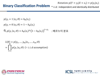 𝑝 𝑦𝑖 = 1 𝑥𝑖; 𝜃 = ℎ 𝜃(𝑥𝑖)
𝑝 𝑦𝑖 = 0 𝑥𝑖; 𝜃 = 1 − ℎ 𝜃(𝑥𝑖)
즉, 𝑝 𝑦𝑖 𝑥𝑖; 𝜃 = ℎ 𝜃 𝑥𝑖
𝑦 𝑖 1 − ℎ 𝜃 𝑥𝑖
1−𝑦 𝑖
𝑁𝑜𝑡𝑎𝑡𝑖𝑜𝑛: 𝑝 𝑌 = 𝑦𝑖|𝑋 = 𝑥𝑖 = 𝑝(𝑦𝑖|𝑥𝑖)
𝐿 𝜃 = 𝑝 𝑦1, … , 𝑦 𝑚 𝑥1, … , 𝑥 𝑚; 𝜃
=
𝑖=1
𝑚
𝑝 𝑦𝑖 𝑥𝑖; 𝜃 ∵ 𝑖. 𝑖. 𝑑 𝑎𝑠𝑠𝑢𝑚𝑝𝑡𝑖𝑜𝑛
* i.i.d : independent and identically distributed
: 베르누이 분포
 