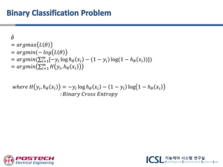𝜃
= 𝑎𝑟𝑔𝑚𝑎𝑥 𝐿 𝜃
= 𝑎𝑟𝑔𝑚𝑖𝑛(− 𝑙𝑜𝑔 𝐿 𝜃
= 𝑎𝑟𝑔𝑚𝑖𝑛( 𝑖=1
𝑚
[−𝑦𝑖 log ℎ 𝜃 𝑥𝑖 − (1 − 𝑦𝑖) log(1 − ℎ 𝜃 𝑥𝑖 )])
= 𝑎𝑟𝑔𝑚𝑖𝑛 𝑖=1
𝑚
𝐻 𝑦𝑖, ℎ 𝜃 𝑥𝑖
𝑤ℎ𝑒𝑟𝑒 𝐻 𝑦𝑖, ℎ 𝜃 𝑥𝑖 = −𝑦𝑖 log ℎ 𝜃 𝑥𝑖 − 1 − 𝑦𝑖 log 1 − ℎ 𝜃 𝑥𝑖
: 𝐵𝑖𝑛𝑎𝑟𝑦 𝐶𝑟𝑜𝑠𝑠 𝐸𝑛𝑡𝑟𝑜𝑝𝑦
 