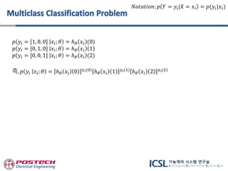 𝑝 𝑦𝑖 = [1, 0, 0] 𝑥𝑖; 𝜃 = ℎ 𝜃 𝑥𝑖 (0)
𝑝 𝑦𝑖 = [0, 1, 0] 𝑥𝑖; 𝜃 = ℎ 𝜃 𝑥𝑖 1
𝑝 𝑦𝑖 = [0, 0, 1] 𝑥𝑖; 𝜃 = ℎ 𝜃 𝑥𝑖 (2)
즉, 𝑝 𝑦𝑖 𝑥𝑖; 𝜃 = ℎ 𝜃 𝑥𝑖 0 𝑦 𝑖(0)
ℎ 𝜃 𝑥𝑖 1 𝑦 𝑖(1)
ℎ 𝜃 𝑥𝑖 2 𝑦 𝑖(2)
𝑁𝑜𝑡𝑎𝑡𝑖𝑜𝑛: 𝑝 𝑌 = 𝑦𝑖|𝑋 = 𝑥𝑖 = 𝑝(𝑦𝑖|𝑥𝑖)
 