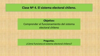Clase Nº 4. El sistema electoral chileno.
Objetivo:
Comprender el funcionamiento del sistema
electoral chileno
Preguntas.
¿Cómo funciona el sistema electoral chileno?
 