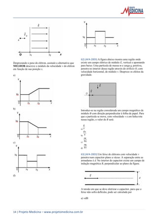 14 | Projeto Medicina – www.projetomedicina.com.br
Desprezando o peso do elétron, assinale a alternativa que
MELHOR descreve o módulo da velocidade v do elétron
em função de sua posição x.
a)
b)
c)
d)
62) (AFA-2003) A figura abaixo mostra uma região onde
existe um campo elétrico de módulo E, vertical e apontando
para baixo. Uma partícula de massa m e carga q, positiva,
penetra no interior dessa região através do orifício O, com
velocidade horizontal, de módulo v. Despreze os efeitos da
gravidade.
Introduz-se na região considerada um campo magnético de
módulo B com direção perpendicular à folha de papel. Para
que a partícula se mova, com velocidade v e em linha reta
nessa região, o valor de B será:
a) v
E
b)
q
Ev
c)
Eq
mv
d) Ev
mq
63) (AFA-2003) Um feixe de elétrons com velocidade v
penetra num capacitor plano a vácuo. A separação entre as
armaduras é d. No interior do capacitor existe um campo de
indução magnética B, perpendicular ao plano da figura.
A tensão em que se deve eletrizar o capacitor, para que o
feixe não sofra deflexão, pode ser calculada por
a) vdB
 