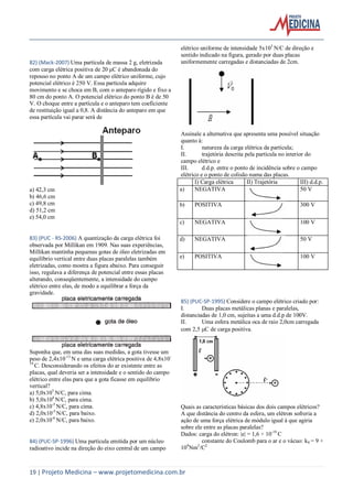 19 | Projeto Medicina – www.projetomedicina.com.br
82) (Mack-2007) Uma partícula de massa 2 g, eletrizada
com carga elétrica positiva de 20 μC é abandonada do
repouso no ponto A de um campo elétrico uniforme, cujo
potencial elétrico é 250 V. Essa partícula adquire
movimento e se choca em B, com o anteparo rígido e fixo a
80 cm do ponto A. O potencial elétrico do ponto B é de 50
V. O choque entre a partícula e o anteparo tem coeficiente
de restituição igual a 0,8. A distância do anteparo em que
essa partícula vai parar será de
a) 42,3 cm
b) 46,6 cm
c) 49,8 cm
d) 51,2 cm
e) 54,0 cm
83) (PUC - RS-2006) A quantização da carga elétrica foi
observada por Millikan em 1909. Nas suas experiências,
Millikan mantinha pequenas gotas de óleo eletrizadas em
equilíbrio vertical entre duas placas paralelas também
eletrizadas, como mostra a figura abaixo. Para conseguir
isso, regulava a diferença de potencial entre essas placas
alterando, conseqüentemente, a intensidade do campo
elétrico entre elas, de modo a equilibrar a força da
gravidade.
Suponha que, em uma das suas medidas, a gota tivesse um
peso de 2,4x10-13
N e uma carga elétrica positiva de 4,8x10-
19
C. Desconsiderando os efeitos do ar existente entre as
placas, qual deveria ser a intensidade e o sentido do campo
elétrico entre elas para que a gota ficasse em equilíbrio
vertical?
a) 5,0x105
N/C, para cima.
b) 5,0x104
N/C, para cima.
c) 4,8x10-5
N/C, para cima.
d) 2,0x10-5
N/C, para baixo.
e) 2,0x10-6
N/C, para baixo.
84) (PUC-SP-1996) Uma partícula emitida por um núcleo
radioativo incide na direção do eixo central de um campo
elétrico uniforme de intensidade 5x103
N/C de direção e
sentido indicado na figura, gerado por duas placas
uniformemente carregadas e distanciadas de 2cm.
Assinale a alternativa que apresenta uma possível situação
quanto à:
I. natureza da carga elétrica da partícula;
II. trajetória descrita pela partícula no interior do
campo elétrico e
III. d.d.p. entre o ponto de incidência sobre o campo
elétrico e o ponto de colisão numa das placas.
I) Carga elétrica II) Trajetória III) d.d.p.
a) NEGATIVA 50 V
b) POSITIVA 300 V
c) NEGATIVA 100 V
d) NEGATIVA 50 V
e) POSITIVA 100 V
85) (PUC-SP-1995) Considere o campo elétrico criado por:
I. Duas placas metálicas planas e paralelas,
distanciadas de 1,0 cm, sujeitas a uma d.d.p de 100V.
II. Uma esfera metálica oca de raio 2,0cm carregada
com 2,5 C de carga positiva.
Quais as características básicas dos dois campos elétricos?
A que distância do centro da esfera, um elétron sofreria a
ação de uma força elétrica de módulo igual à que agiria
sobre ele entre as placas paralelas?
Dados: carga do elétron: |e| = 1,6 × 10-19
C
constante do Coulomb para o ar e o vácuo: k0 = 9 ×
109
Nm2
/C2
 