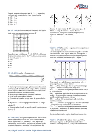 21 | Projeto Medicina – www.projetomedicina.com.br
Quando um elétron é transportado de P1 a P2, o trabalho
realizado pelo campo elétrico é, em joules, igual a:
a) 1,3 × 10-20
b) 6,4 × 10-20
c) 6,4 × 10-17
d) 8,0 × 10-16
e) 8,0 × 10-15
89) (UEL-1996) O esquema a seguir representa uma região
onde existe um campo elétrico uniforme E

.
Sabendo-se que o módulo de E

vale 200N/C, a diferença
de potencial entre os pontos X e Y, indicados no esquema,
é, em volts, igual a:
a) zero
b) 18
c) 60
d) 80
e) 12
90) (UEL-2006) Analise a figura a seguir.
A figura representa uma carga -q de massa m, abandonada
com velocidade inicial nula num campo elétrico uniforme
de um capacitor. Desconsiderando a influência do campo
gravitacional terrestre, é correto afirmar:
a) A carga -q desloca-se com velocidade constante.
b) A carga permanecerá em repouso.
c) O sentido da força é o mesmo que o do campo elétrico
E.
d) A partícula é acelerada perpendicularmente ao campo
elétrico E.
e) A carga -q é acelerada no sentido contrário ao do campo
elétrico E.
91) (UERJ-1998) Os diagramas representados abaixo são as
opções para as trajetórias de três feixes: de nêutrons (n),
múons negativos (-) e elétrons (e). Estes, a princípio,
compunham um único feixe que penetrou em dada região,
perpendicularmente a um campo elétrico constante (E).
A massa do múon é cerca de 207 vezes maior que a do
elétron e a carga de ambos é a mesma. Nessas
circunstâncias, o diagrama que melhor representa as
trajetórias dos feixes é o de número:
a) 1
b) 2
c) 3
d) 4
92) (UFBA-1996) Na questão a seguir escreva nos parênteses
a soma dos itens corretos.
Um feixe de partículas eletricamente carregadas é lançado
horizontalmente numa região, entre duas placas planas e
paralelas, que contém campo elétrico e campo magnético
uniformes, dispostos conforme a figura a seguir.
Desprezando-se a ação do campo gravitacional sobre o
feixe de partículas, é correto afirmar:
(01) A força elétrica que atua nas partículas de carga
negativa é perpendicular ao campo magnético.
(02) As partículas de carga negativa não sofrem a ação
da força magnética.
(04) Quando as partículas de carga positiva entram na
região, a força magnética que atua sobre elas aponta no
sentido contrário ao do campo elétrico.
(08) A força elétrica atuante em cada partícula se
mantém constante.
(16) As partículas de carga positiva passarão pela fenda
f, qualquer que seja a velocidade do lançamento.
(32) As partículas de carga negativa serão aceleradas,
ao atravessar a região entre as placas, qualquer que seja a
velocidade do lançamento.
A resposta é a soma dos pontos das alternativas corretas.
93) (UFBA-1997) Entre duas placas planas e paralelas,
eletrizadas, dispostas na direção horizontal, onde se
estabelece um campo elétrico, é lançado horizontalmente
 