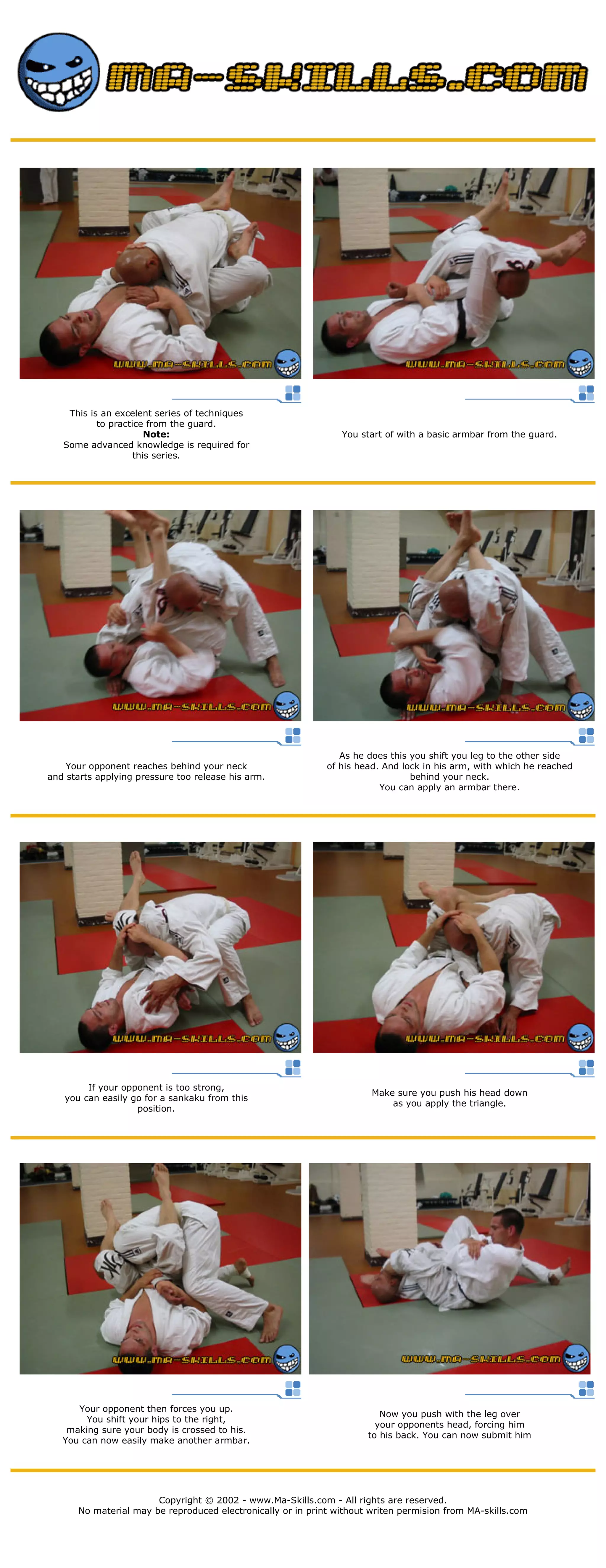 This is an excelent series of techniques
to practice from the guard.
Note:
Some advanced knowledge is required for
this series.
You start of with a basic armbar from the guard.
Your opponent reaches behind your neck
and starts applying pressure too release his arm.
As he does this you shift you leg to the other side
of his head. And lock in his arm, with which he reached
behind your neck.
You can apply an armbar there.
If your opponent is too strong,
you can easily go for a sankaku from this
position.
Make sure you push his head down
as you apply the triangle.
Your opponent then forces you up.
You shift your hips to the right,
making sure your body is crossed to his.
You can now easily make another armbar.
Now you push with the leg over
your opponents head, forcing him
to his back. You can now submit him
Copyright © 2002 - www.Ma-Skills.com - All rights are reserved.
No material may be reproduced electronically or in print without writen permision from MA-skills.com
 