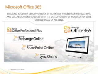 Microsoft Office 365<br />BRINGING TOGETHER CLOUD VERSIONS OF OUR MOST TRUSTED COMMUNICATIONS AND COLLABORATION PRODUCTS W...