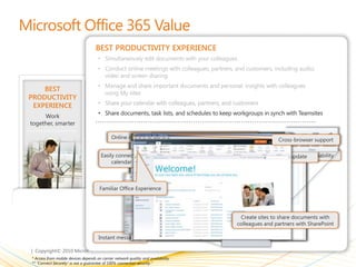 Microsoft Office 365 Value<br />BEST PRODUCTIVITY EXPERIENCE<br /><ul><li>Simultaneously edit documents with your colleagues