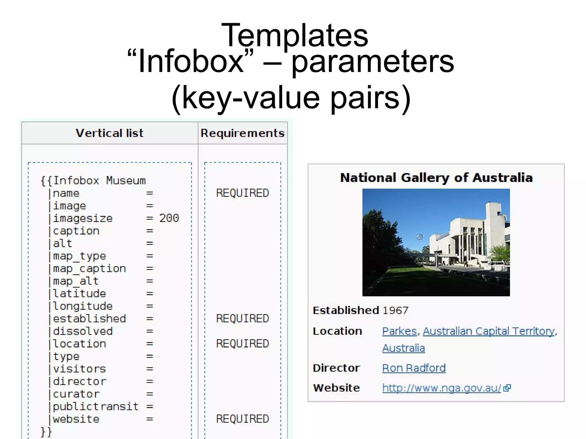 Templates
“Infobox” – parameters
    (key-value pairs)
 