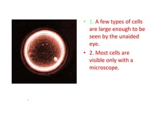 • 1. A few types of cells 
are large enough to be 
seen by the unaided 
eye. 
• 2. Most cells are 
visible only with a 
microscope. 
•The Female Egg is the largest cell in the body, and can be seen without the aid of a 
microscope. 
 