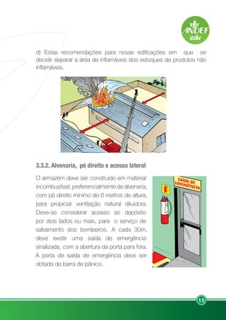 15
d) Estas recomendações para novas edificações em que se
decidir separar a área de inflamáveis dos estoques de produtos não
inflamáveis.
3.3.2. Alvenaria, pé direito e acesso lateral
O armazém deve ser construído em material
incombustível, preferencialmente de alvenaria,
com pé direito mínimo de 6 metros de altura,
para propiciar ventilação natural diluidora.
Deve-se considerar acesso ao depósito
por dois lados ou mais, para o serviço de
salvamento dos bombeiros. A cada 30m,
deve existir uma saída de emergência
sinalizada, com a abertura da porta para fora.
A porta de saída de emergência deve ser
dotada de barra de pânico.
 