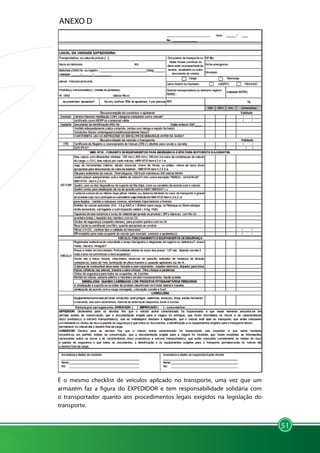 51
ANEXO D
É o mesmo checklist de veículos aplicado no transporte, uma vez que um
armazém faz a figura do EXPEDIDOR e tem responsabilidade solidária com
o transportador quanto aos procedimentos legais exigidos na legislação do
transporte.
 