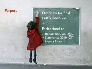 Purpose
          Overview for ﬁnal
          year of contract
           and
          Each school to
           Report back on L@S
           Summarise 2010 ICT/
           inquiry focus
 