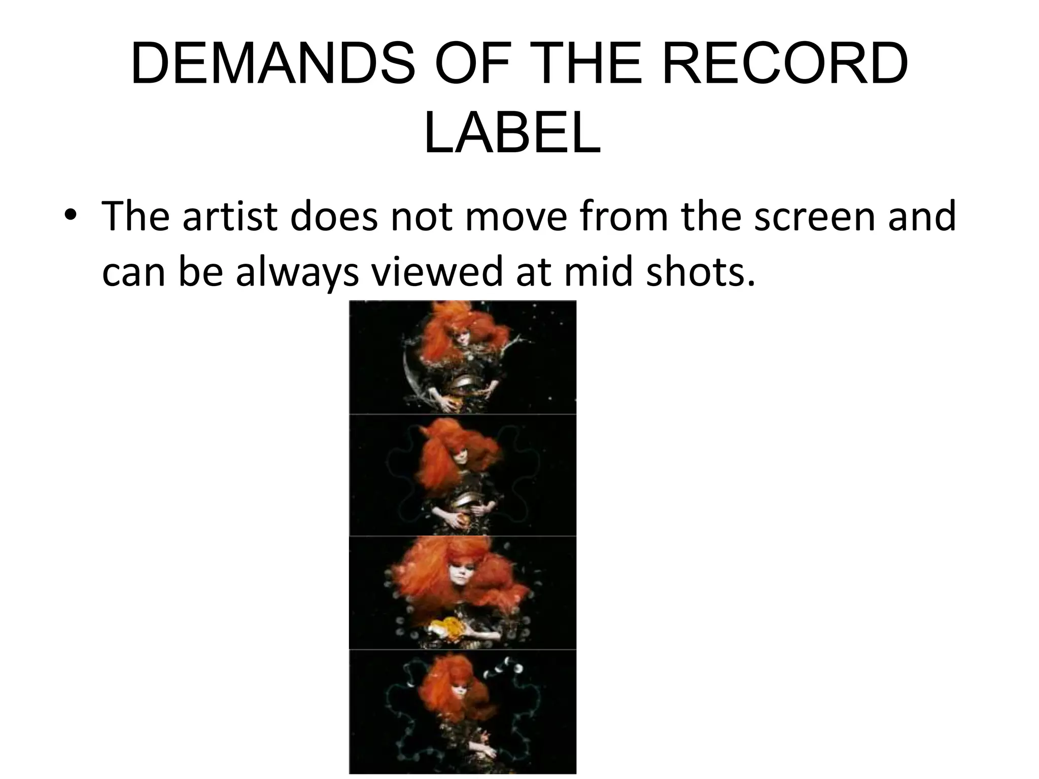 DEMANDS OF THE RECORD LABEL The artist does not move from the screen and can be always viewed at mid shots.