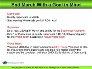 End March With a Goal in Mind Distributor :  - Qualify Supervisor in March - Start earning Whole sale profit & RO in April Supervisor:  - Do at least 2500vp in March and qualify for the  Supervisor Academy . - Help 1 or 2 new lines to qualify Supervisor & Do 10,000vp and qualify for the  World Team  & approach  Active World Team World Team :  - You need 20.000vp in order to become a  GET Team . You need to plan for this, create more Supervisors and be a role model. (follow the system and be consistent with your DMO, Daily Method of Operation) 