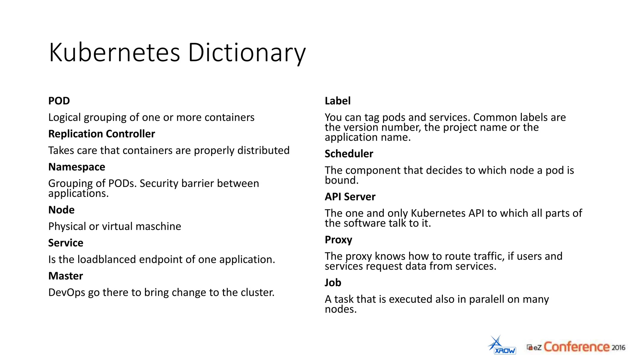 Kubernetes Dictionary
POD
Logical grouping of one or more containers
Replication Controller
Takes care that containers are properly distributed
Namespace
Grouping of PODs. Security barrier between
applications.
Node
Physical or virtual maschine
Service
Is the loadblanced endpoint of one application.
Master
DevOps go there to bring change to the cluster.
Label
You can tag pods and services. Common labels are
the version number, the project name or the
application name.
Scheduler
The component that decides to which node a pod is
bound.
API Server
The one and only Kubernetes API to which all parts of
the software talk to it.
Proxy
The proxy knows how to route traffic, if users and
services request data from services.
Job
A task that is executed also in paralell on many
nodes.
 
