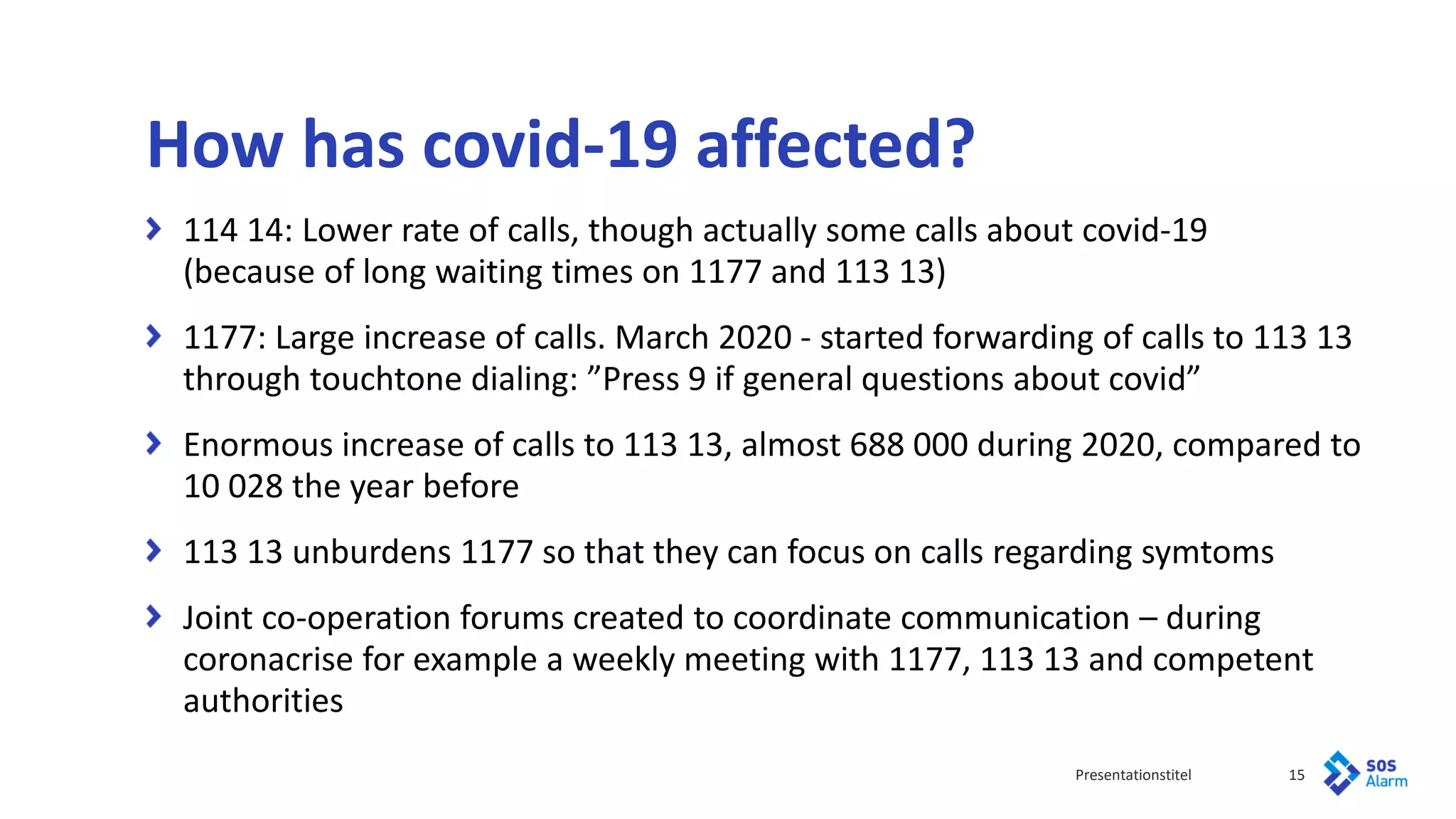 15
Presentationstitel
114 14: Lower rate of calls, though actually some calls about covid-19
(because of long waiting times on 1177 and 113 13)
1177: Large increase of calls. March 2020 - started forwarding of calls to 113 13
through touchtone dialing: ”Press 9 if general questions about covid”
Enormous increase of calls to 113 13, almost 688 000 during 2020, compared to
10 028 the year before
113 13 unburdens 1177 so that they can focus on calls regarding symtoms
Joint co-operation forums created to coordinate communication – during
coronacrise for example a weekly meeting with 1177, 113 13 and competent
authorities
How has covid-19 affected?
 