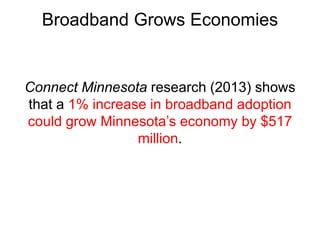 Broadband Grows Economies 
Connect Minnesota research (2013) shows 
that a 1% increase in broadband adoption 
could grow Minnesota’s economy by $517 
million. 
 