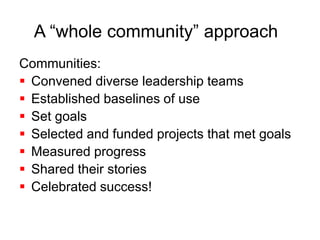 A “whole community” approach 
Communities: 
 Convened diverse leadership teams 
 Established baselines of use 
 Set goals 
 Selected and funded projects that met goals 
 Measured progress 
 Shared their stories 
 Celebrated success! 
 
