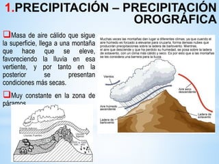Masa de aire cálido que sigue
la superficie, llega a una montaña
que hace que se eleve,
favoreciendo la lluvia en esa
vertiente, y por tanto en la
posterior se presentan
condiciones más secas.
Muy constante en la zona de
páramos.
1.PRECIPITACIÓN – PRECIPITACIÓN
OROGRÁFICA
 